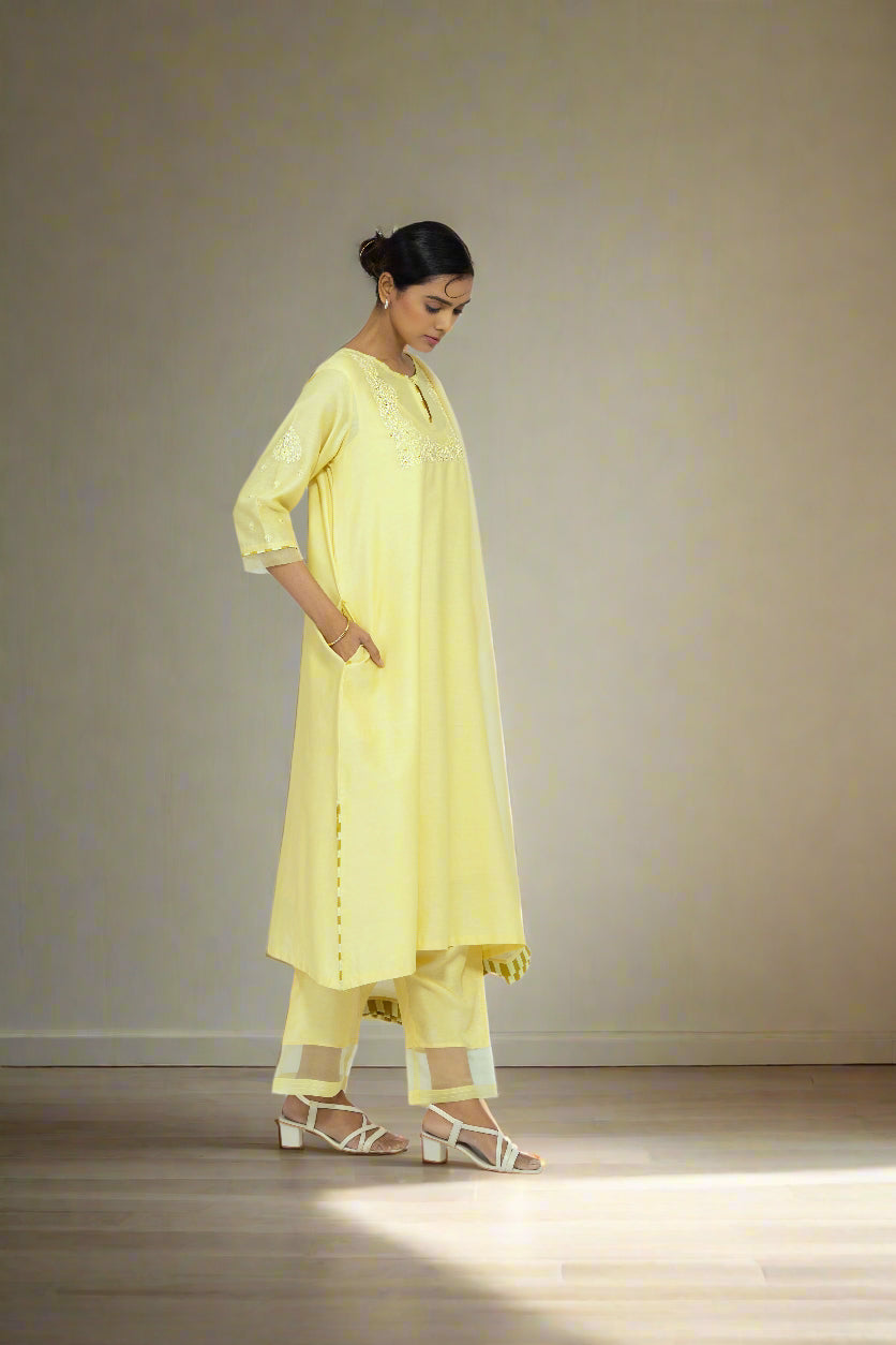 LEMON YELLOW - ROUND NECK - CHANDERI SILK  A-LINE KURTA SET