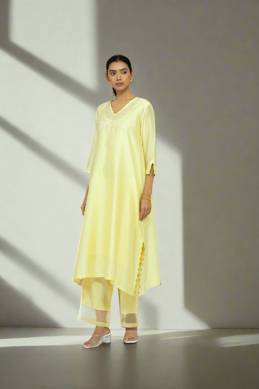 LEMON YELLOW - V NECK - CHANDERI SILK  A-LINE KURTA SET