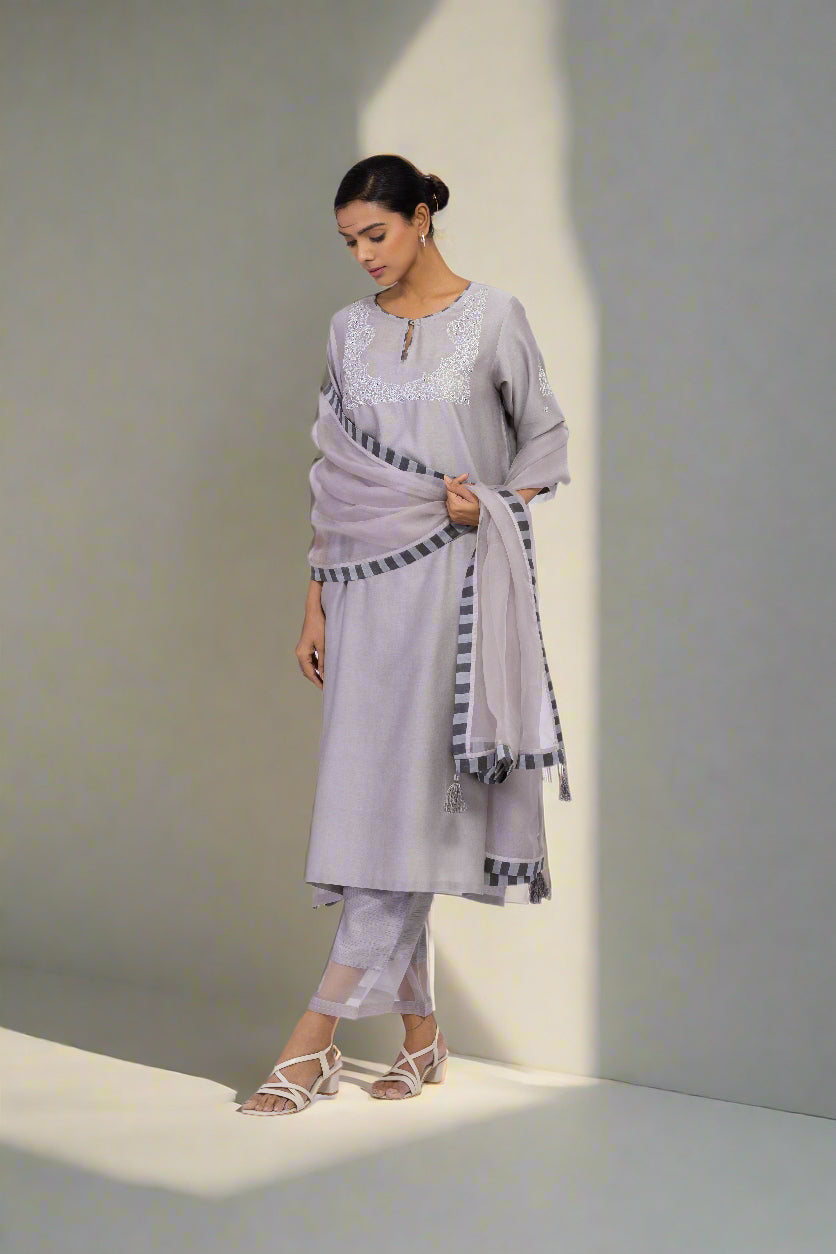 SILVER GREY - ROUND NECK - CHANDERI SILK  A-LINE KURTA SET