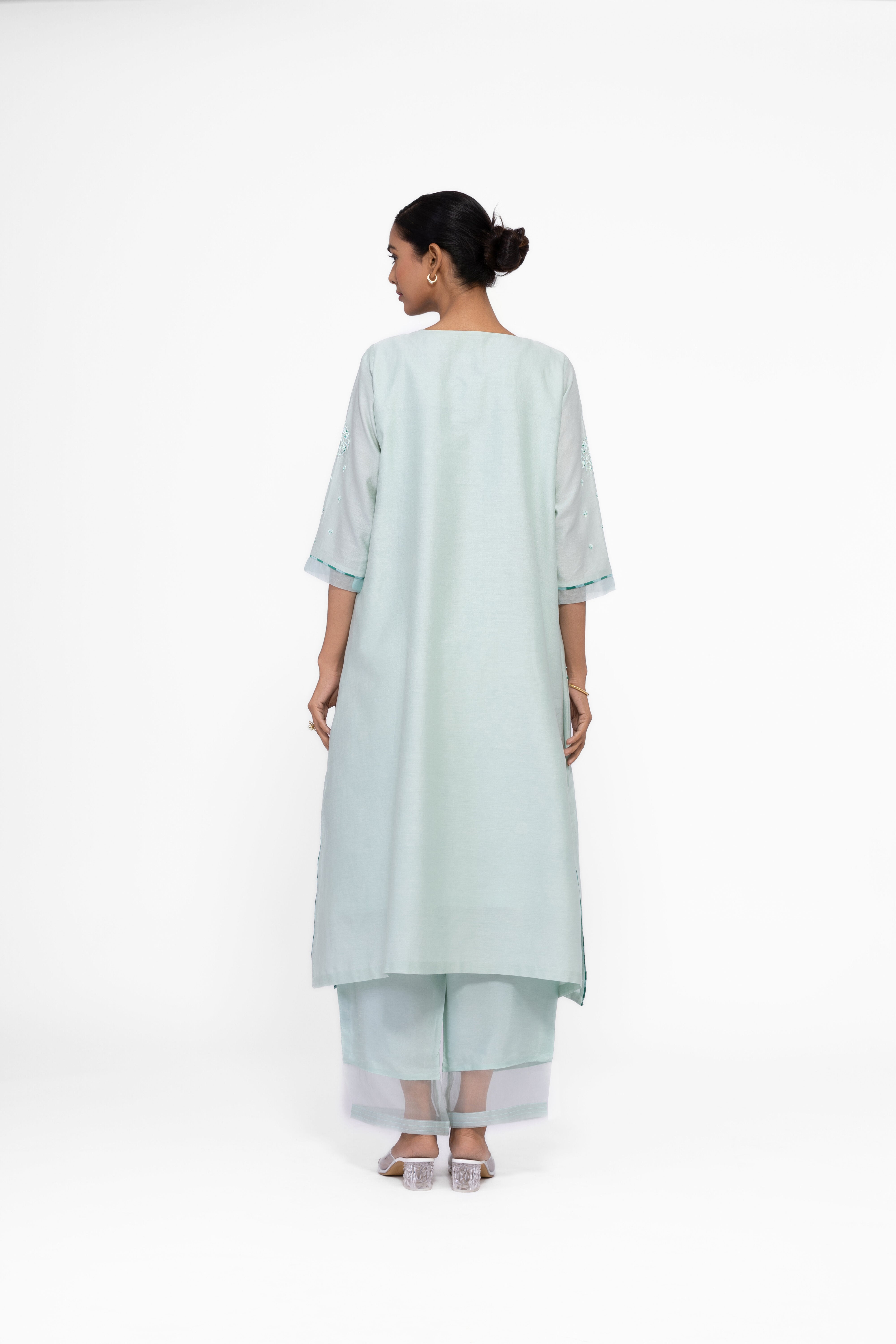 JADE GREEN - ROUND NECK - CHANDERI SILK  A-LINE KURTA SET