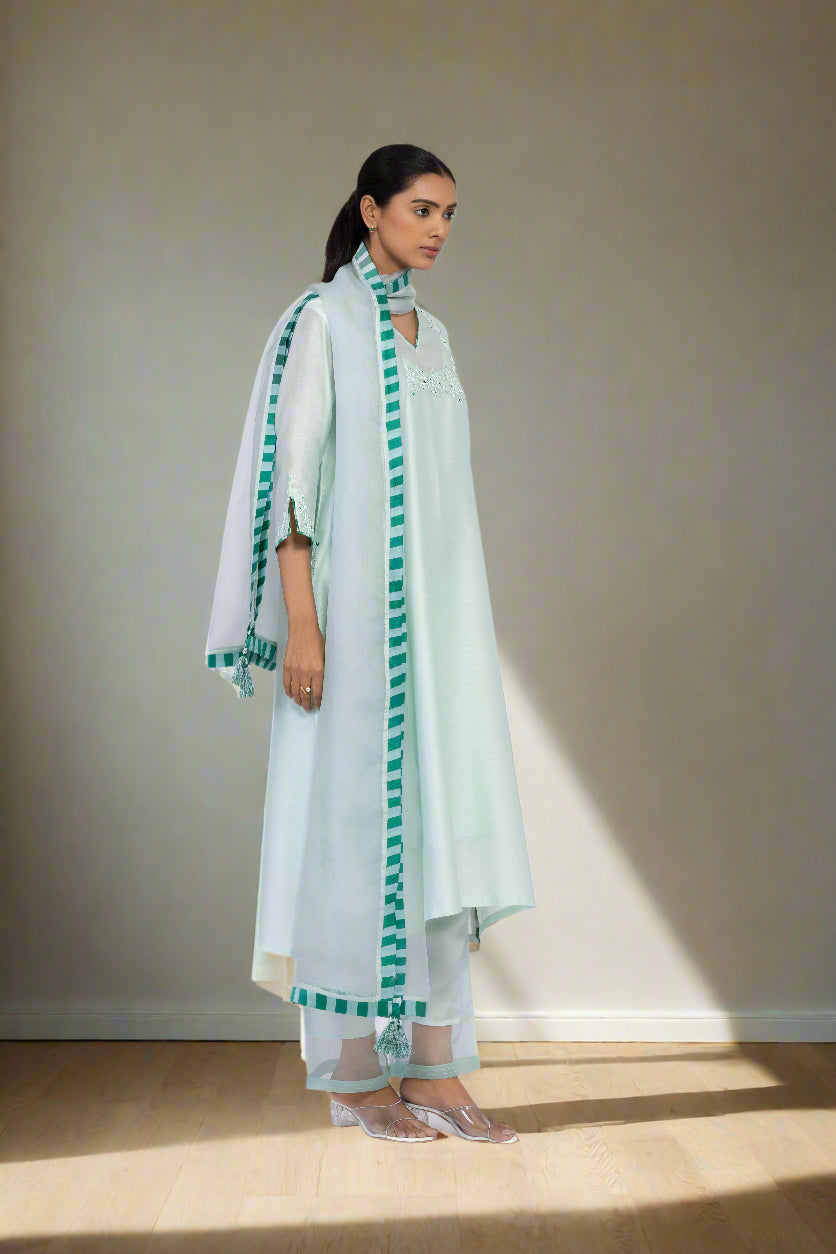 JADE GREEN - V NECK - CHANDERI SILK  A-LINE KURTA SET