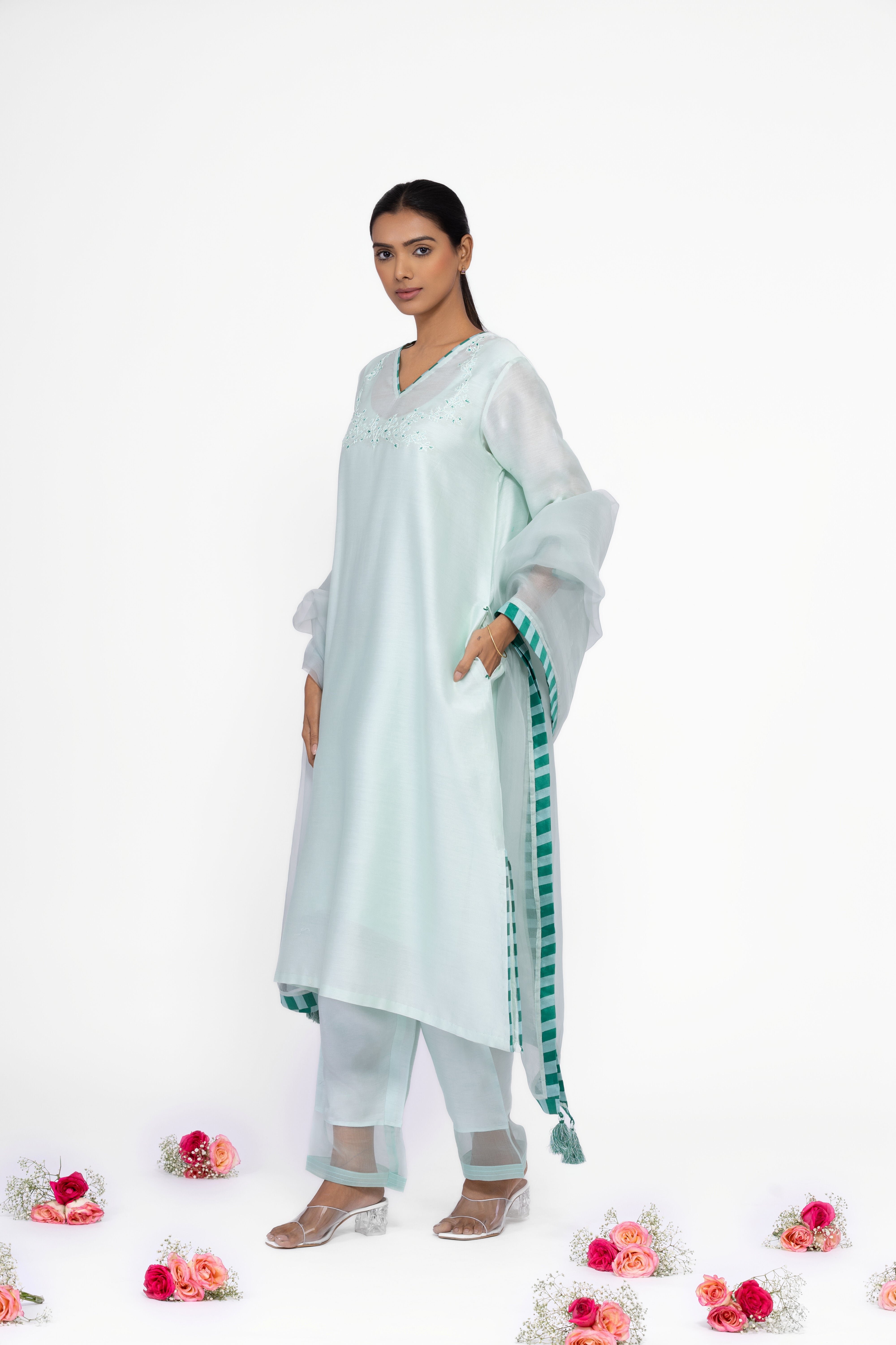 JADE GREEN - V NECK - CHANDERI SILK  A-LINE KURTA SET