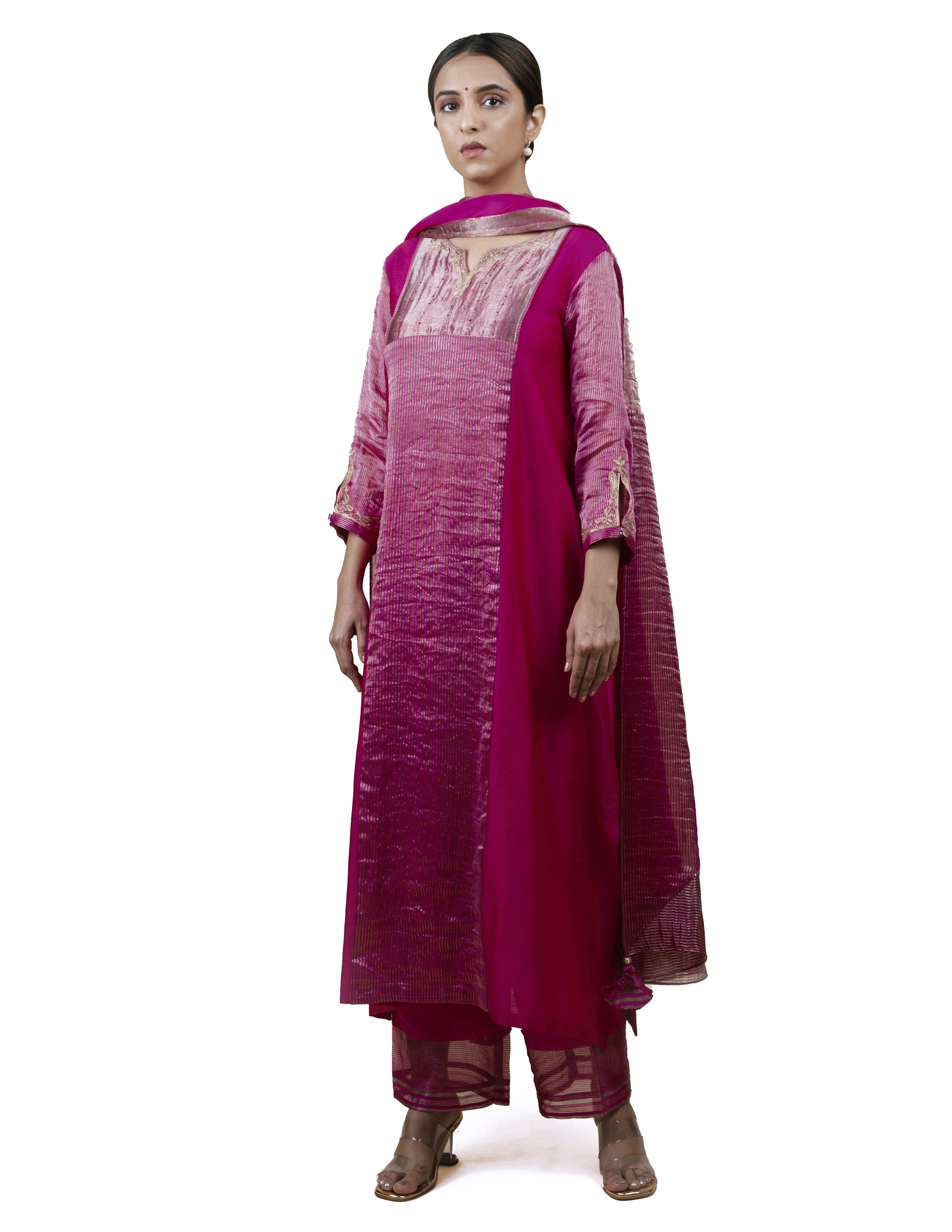 Fuchsia Pink Tissue Stripes/Chanderi Silk - A-line Kurta Set