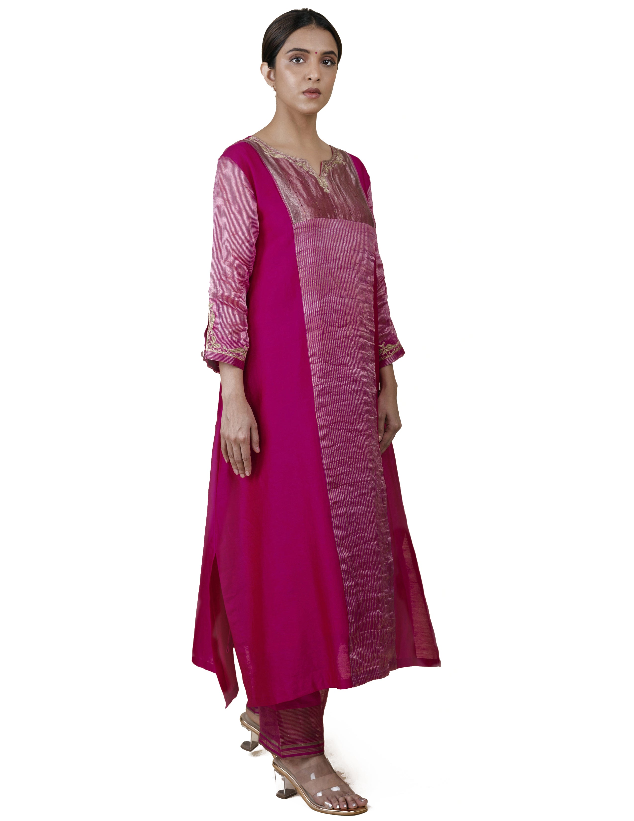 Fuchsia Pink Tissue Stripes/Chanderi Silk - A-line Kurta Set
