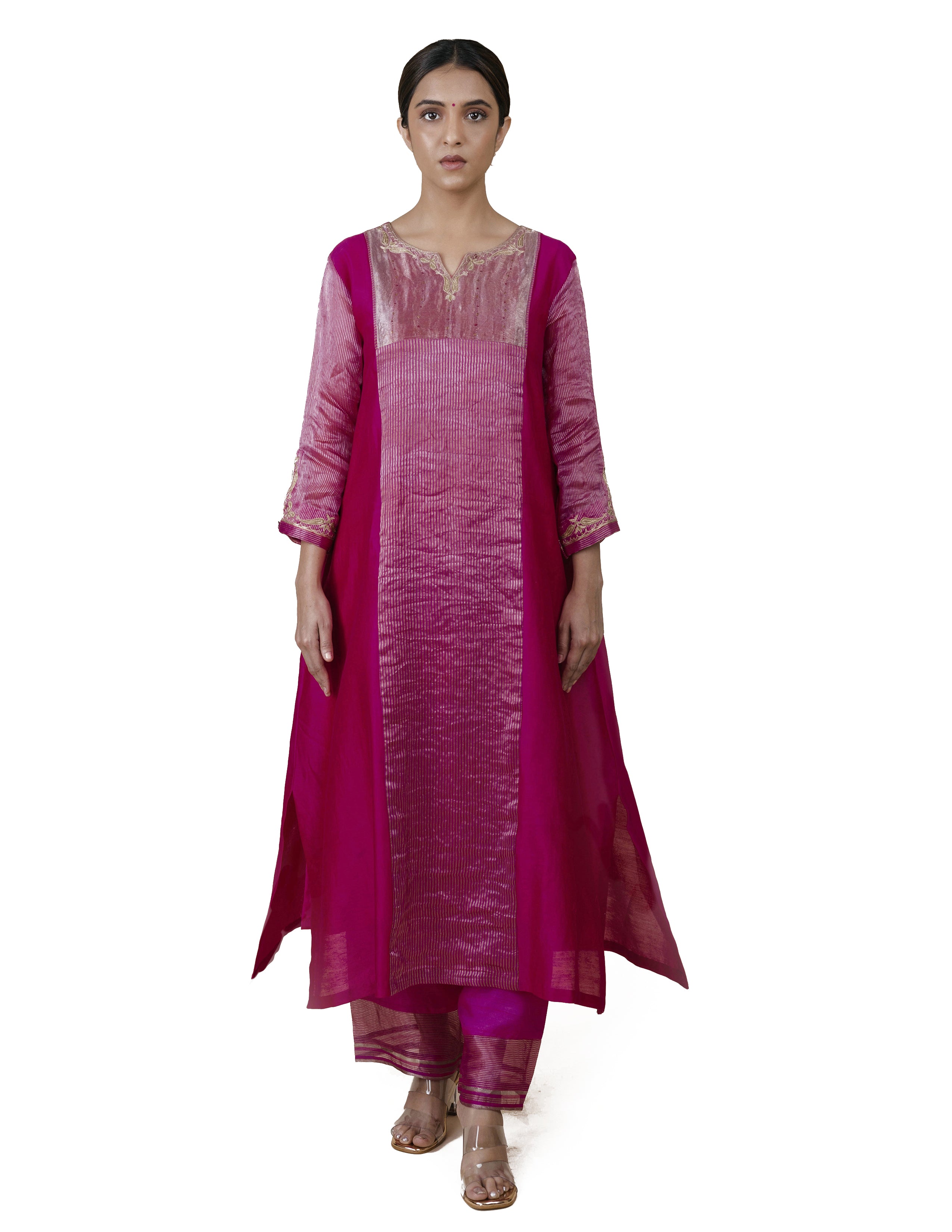 Fuchsia Pink Tissue Stripes/Chanderi Silk - A-line Kurta Set