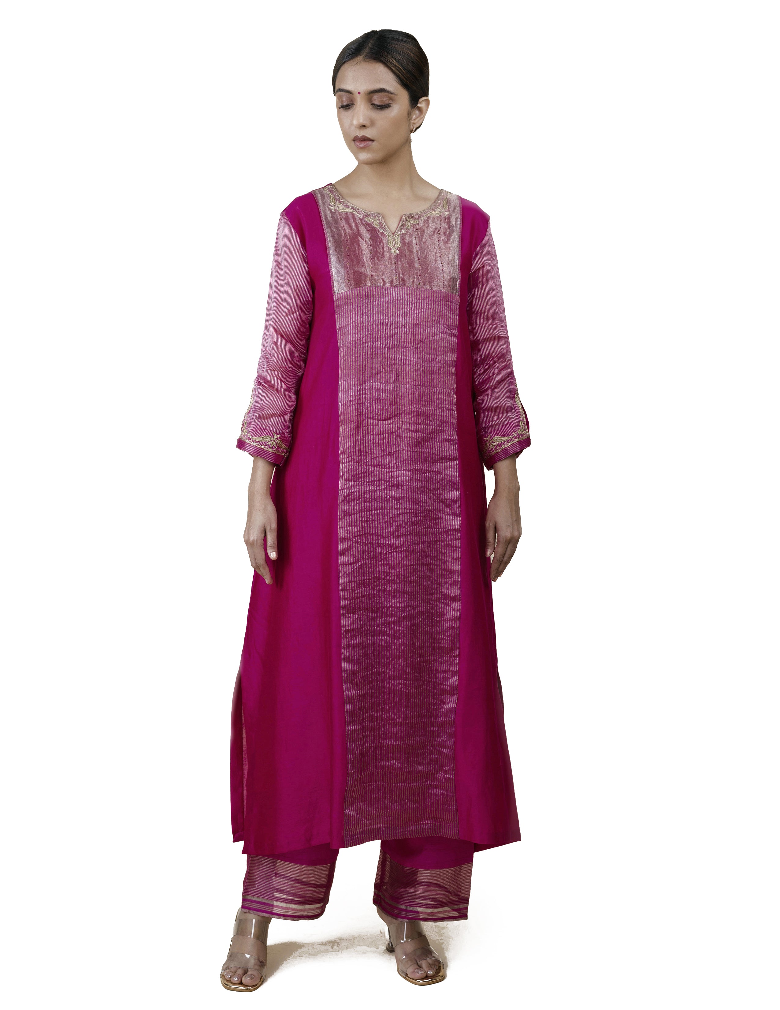 Fuchsia Pink Tissue Stripes/Chanderi Silk - A-line Kurta Set
