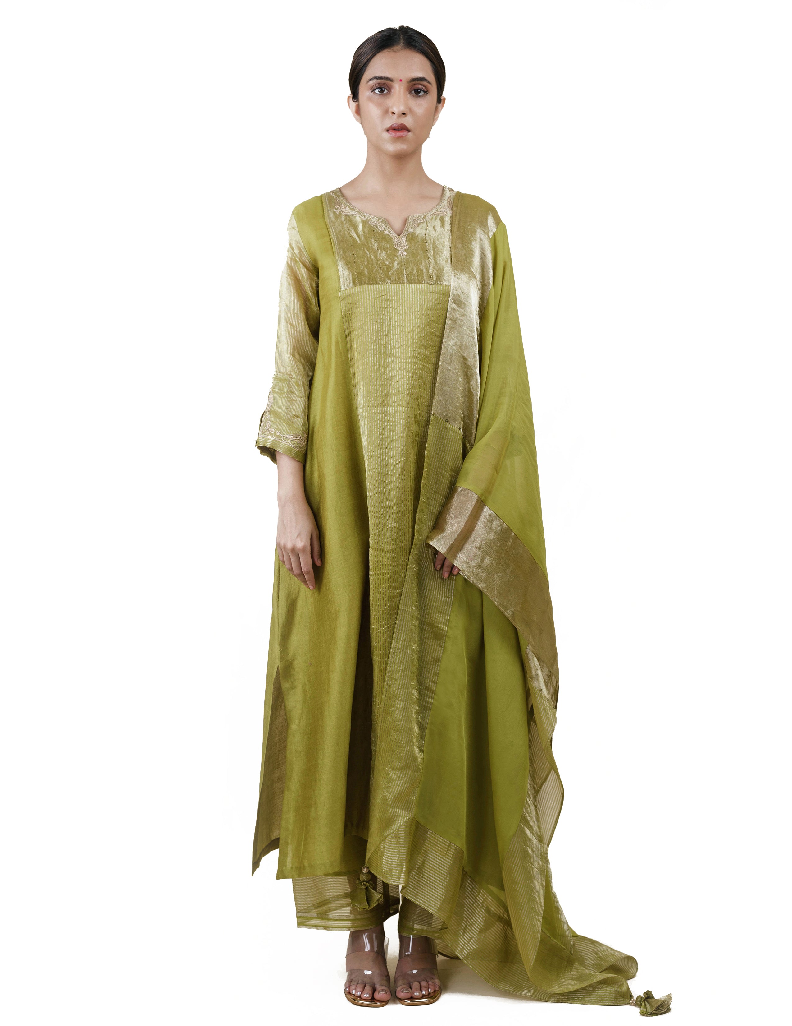 Fresh Green Tissue Stripes/Chanderi Silk - A-line Kurta Set