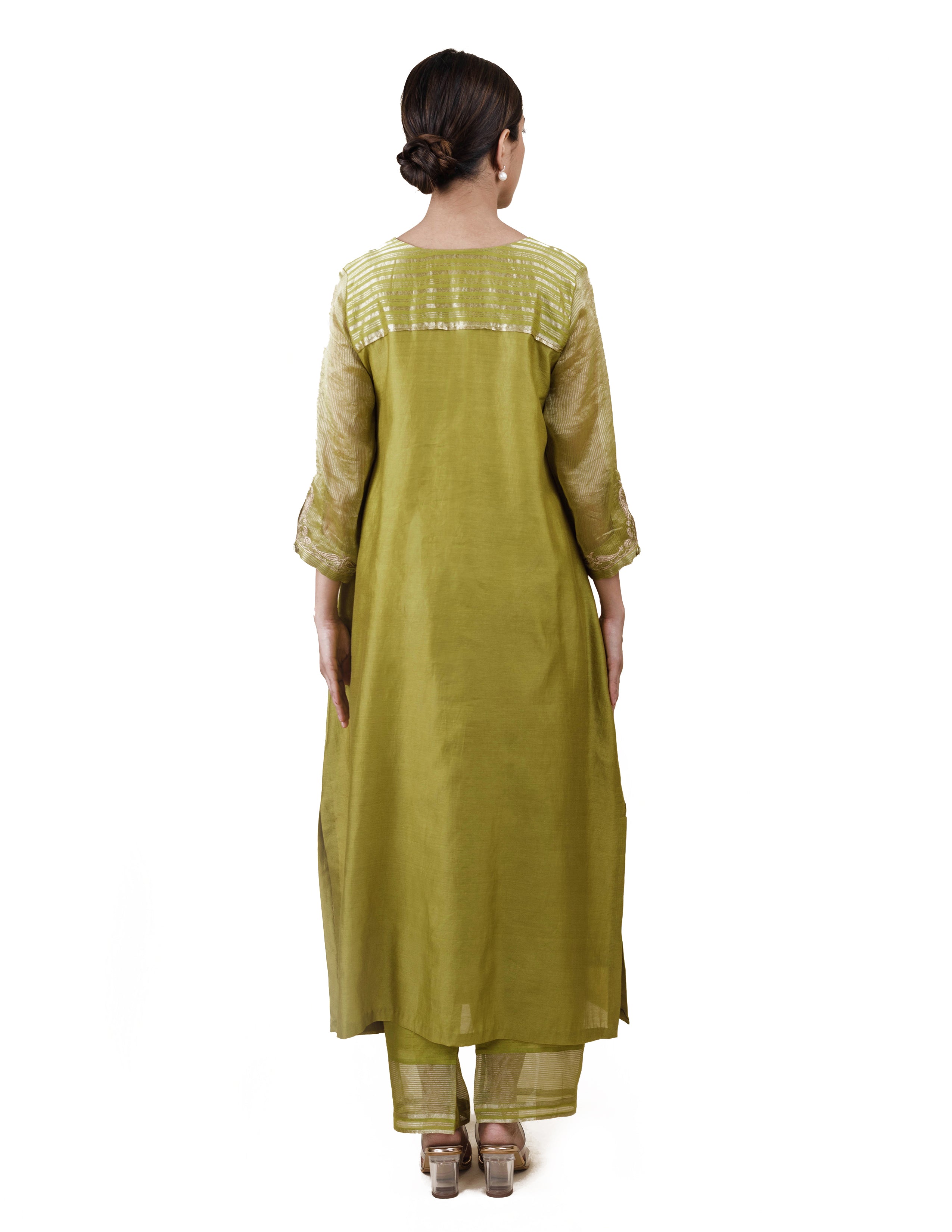 Fresh Green Tissue Stripes/Chanderi Silk - A-line Kurta Set