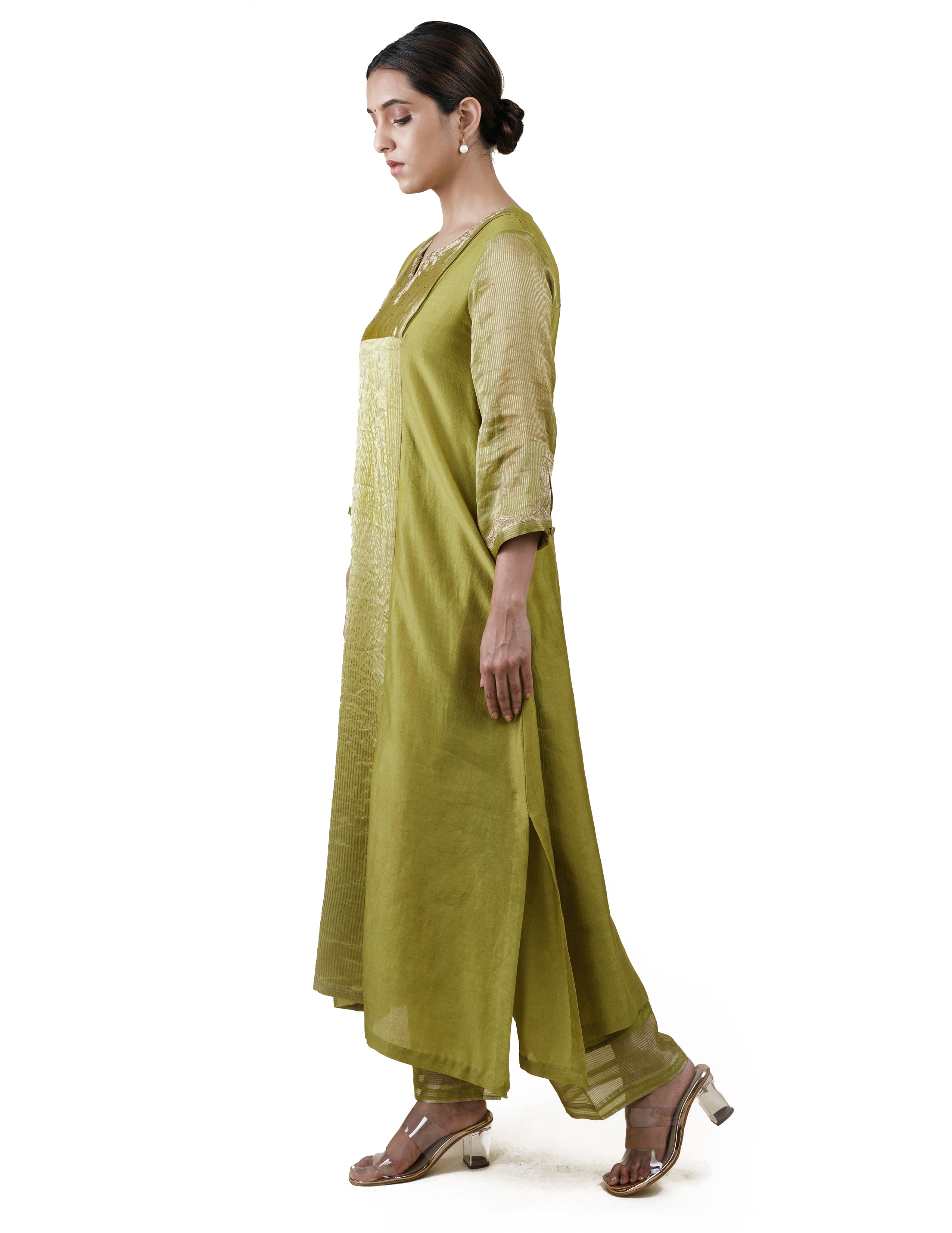 Fresh Green Tissue Stripes/Chanderi Silk - A-line Kurta Set