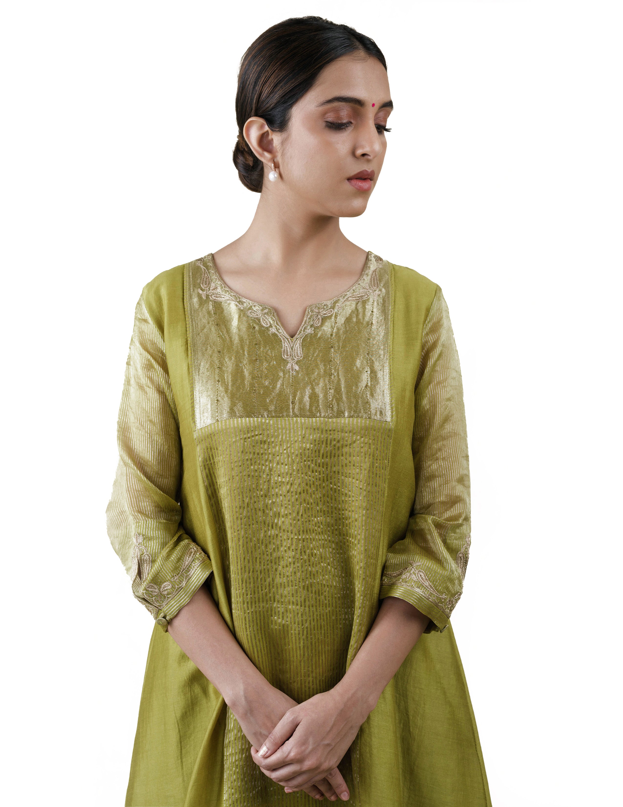Fresh Green Tissue Stripes/Chanderi Silk - A-line Kurta Set
