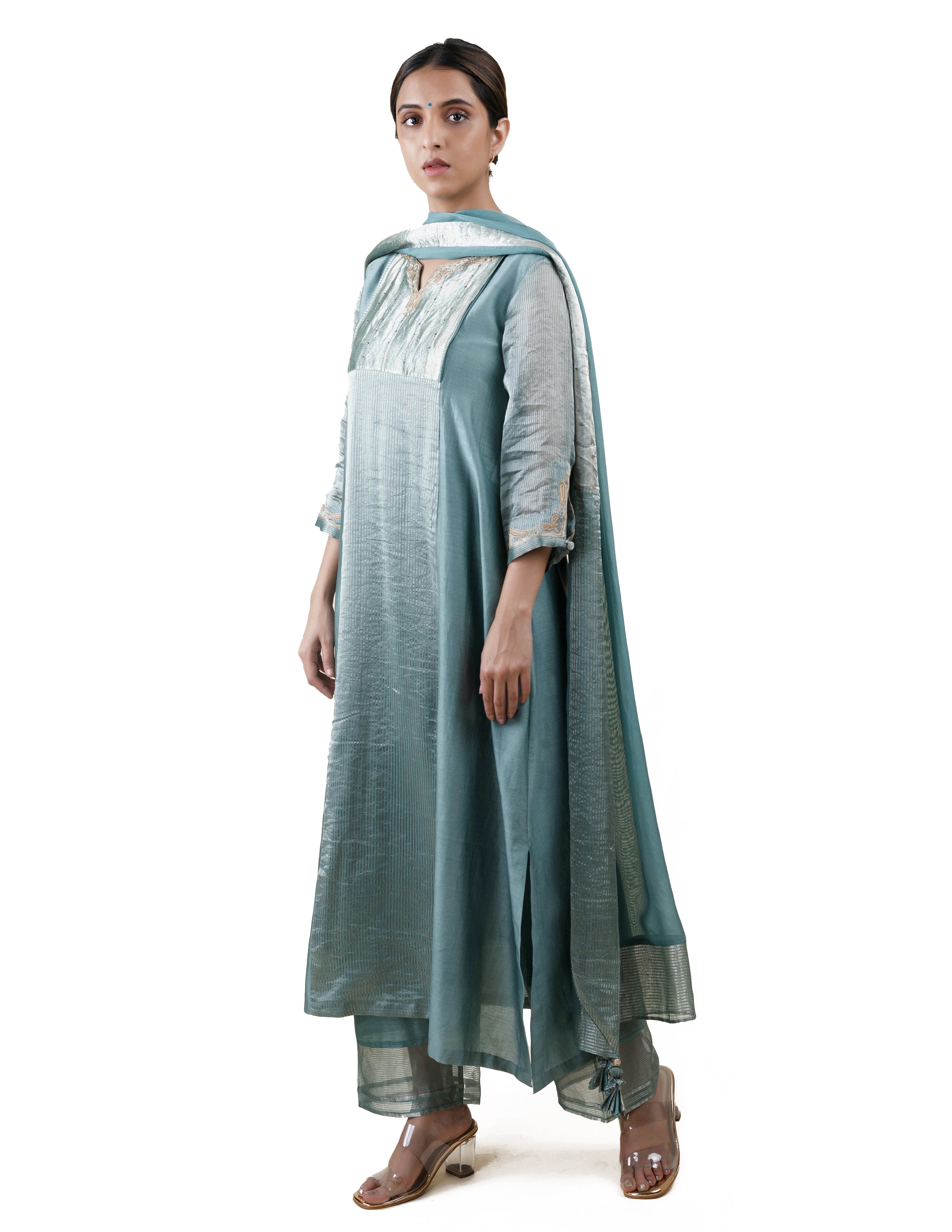 Blue Tissue Stripes/Chanderi Silk - A-line Kurta Set
