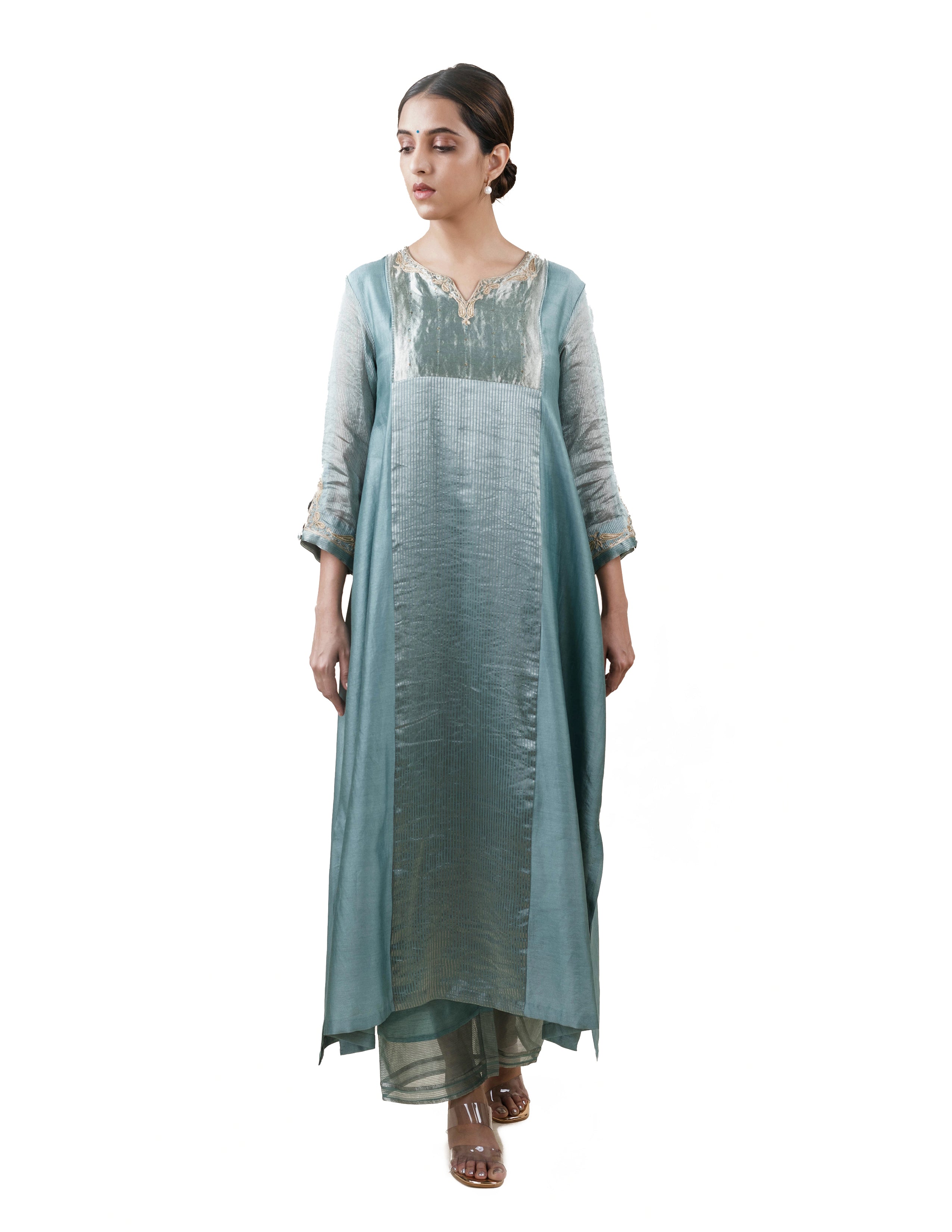 Blue Tissue Stripes/Chanderi Silk - A-line Kurta Set