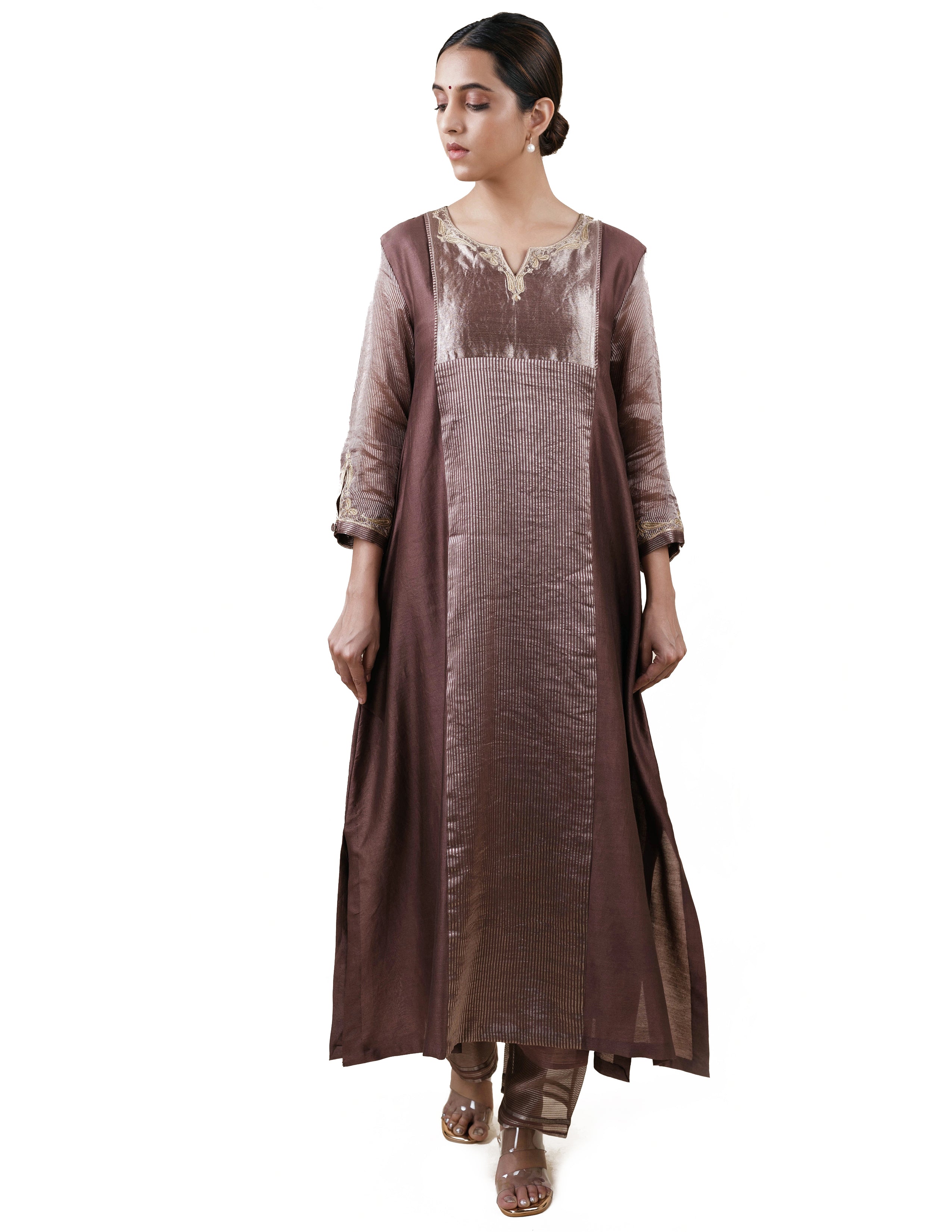 Brown Tissue Stripes/Chanderi Silk - A-line Kurta Set