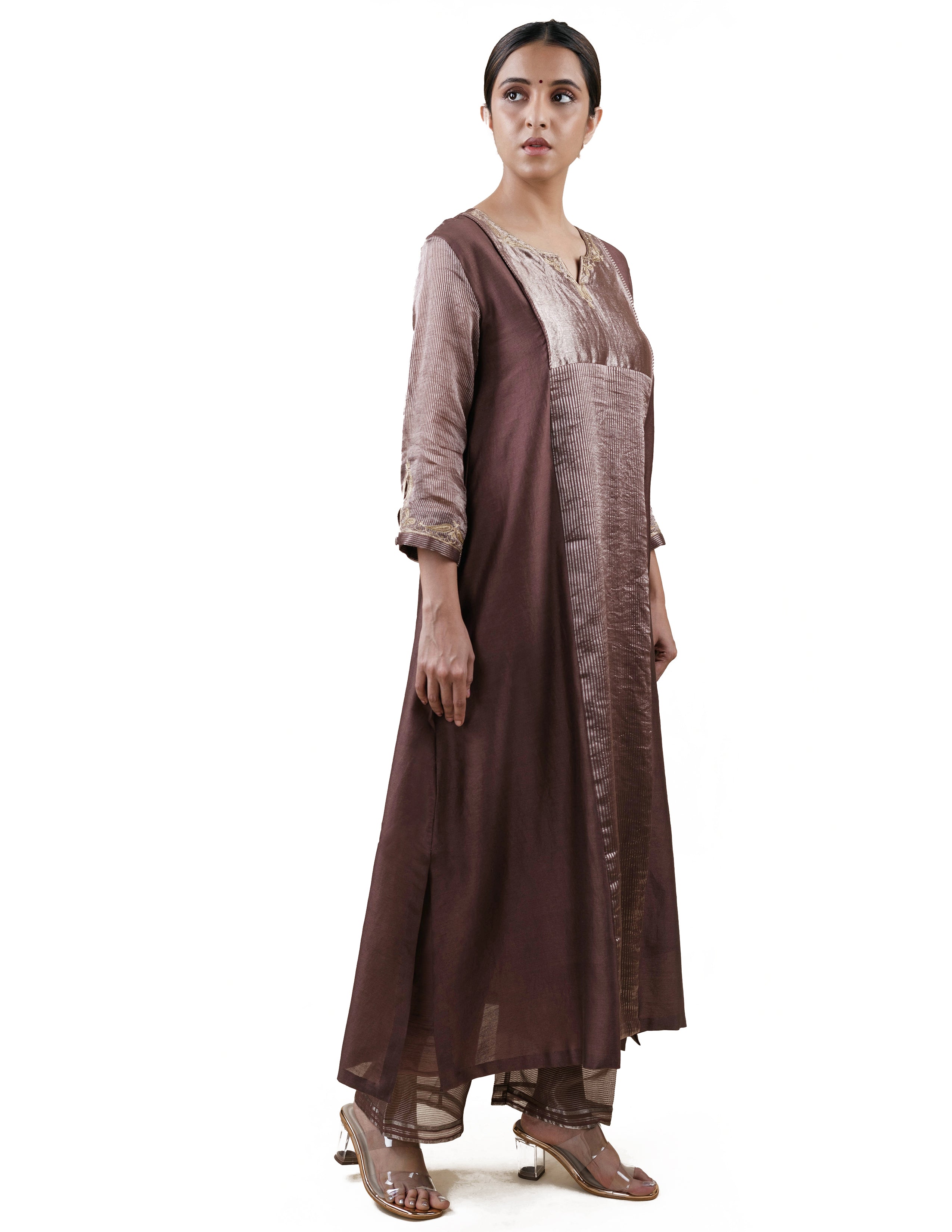 Brown Tissue Stripes/Chanderi Silk - A-line Kurta Set