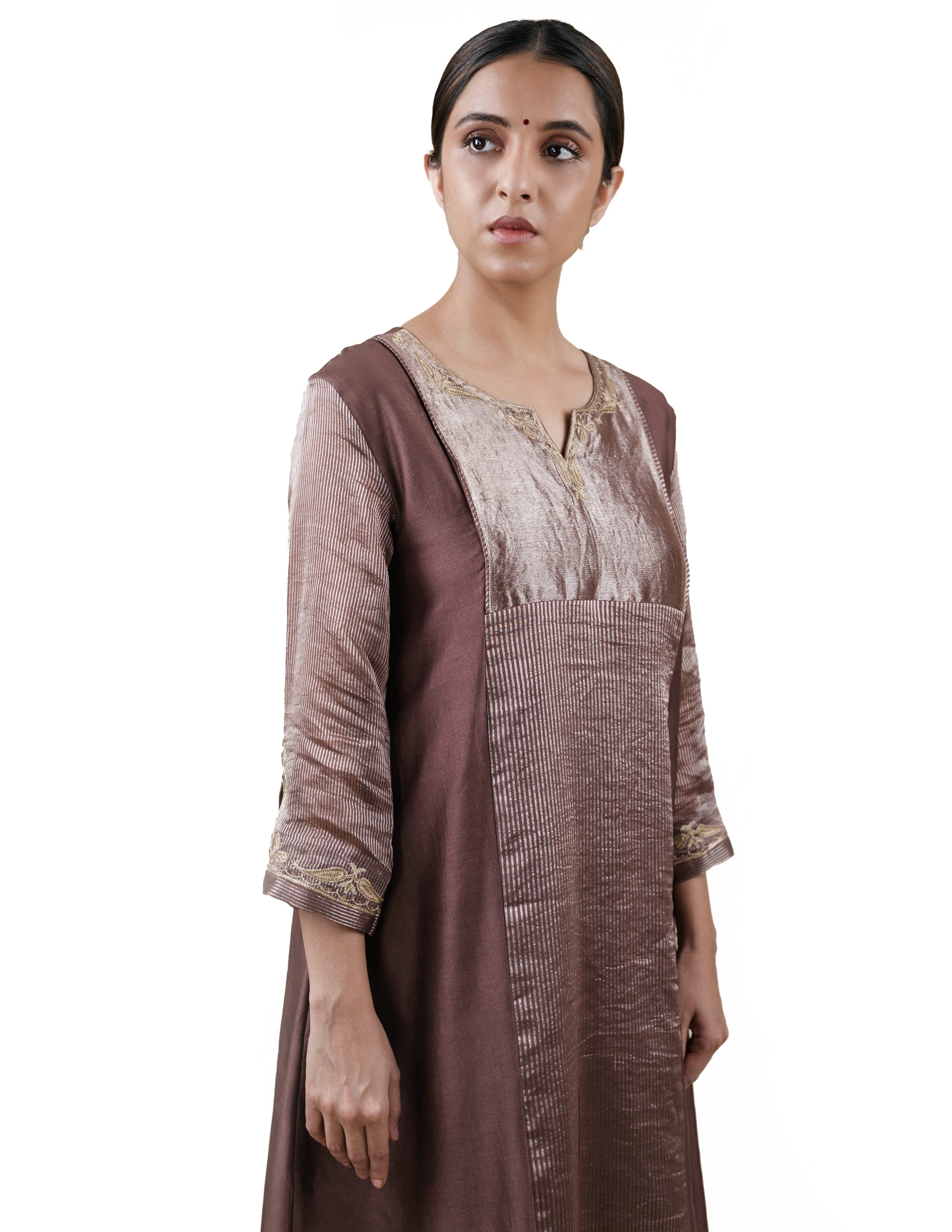 Brown Tissue Stripes/Chanderi Silk - A-line Kurta Set