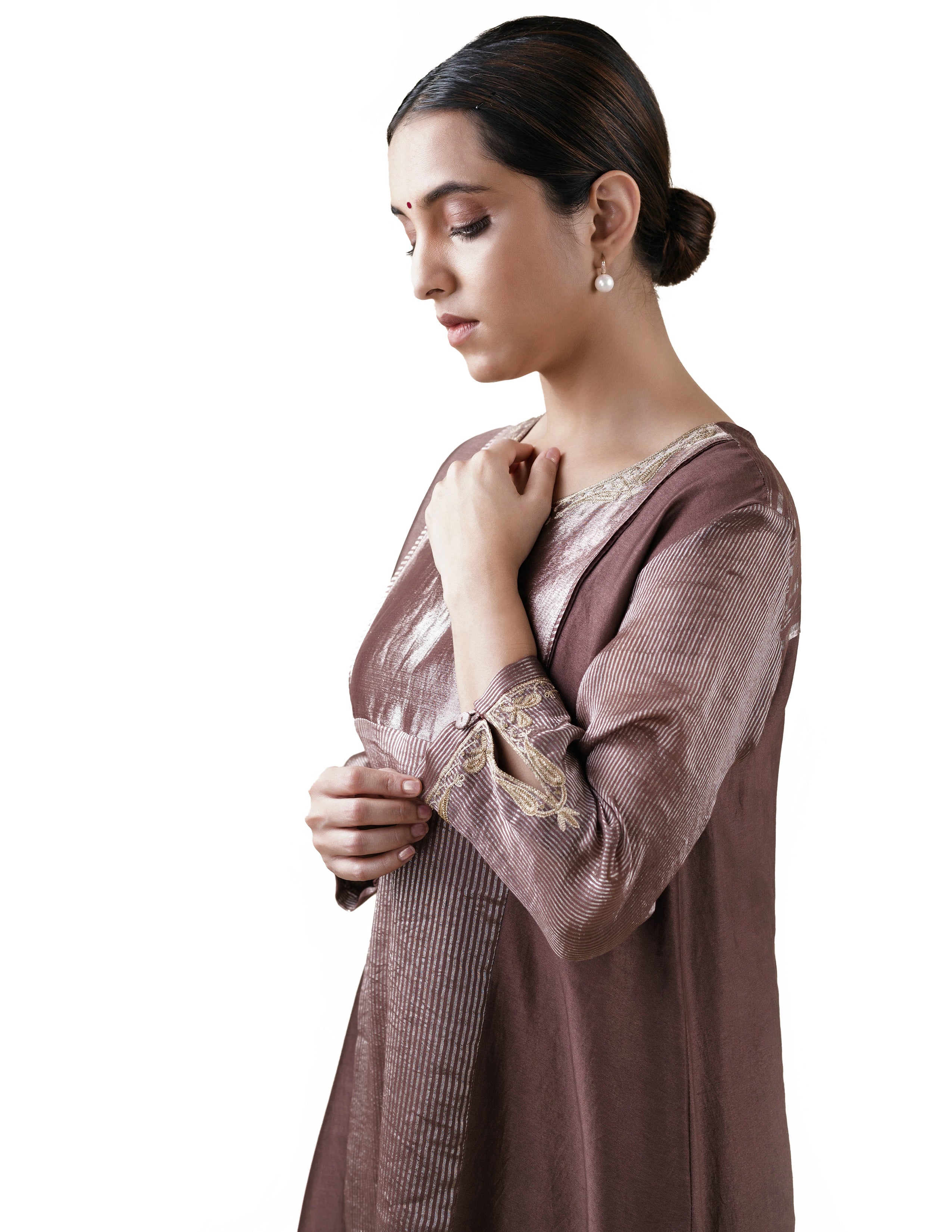Brown Tissue Stripes/Chanderi Silk - A-line Kurta Set