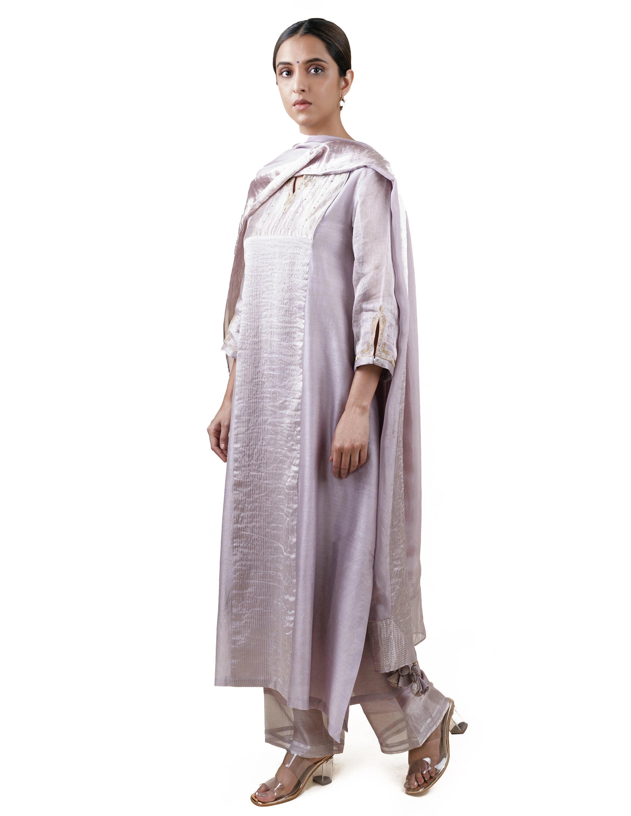 Grey Tissue Stripes/Chanderi Silk - A-line Kurta Set