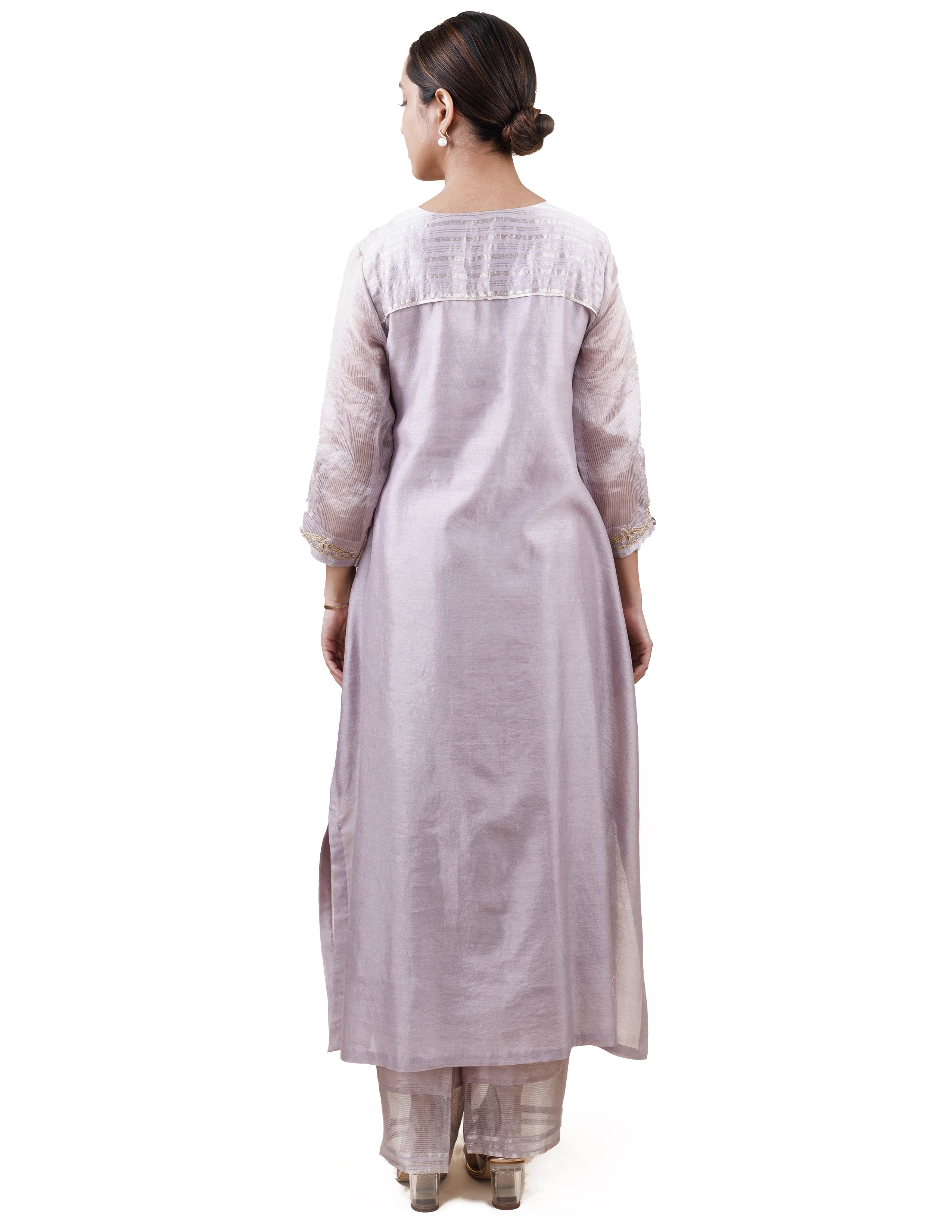 Grey Tissue Stripes/Chanderi Silk - A-line Kurta Set