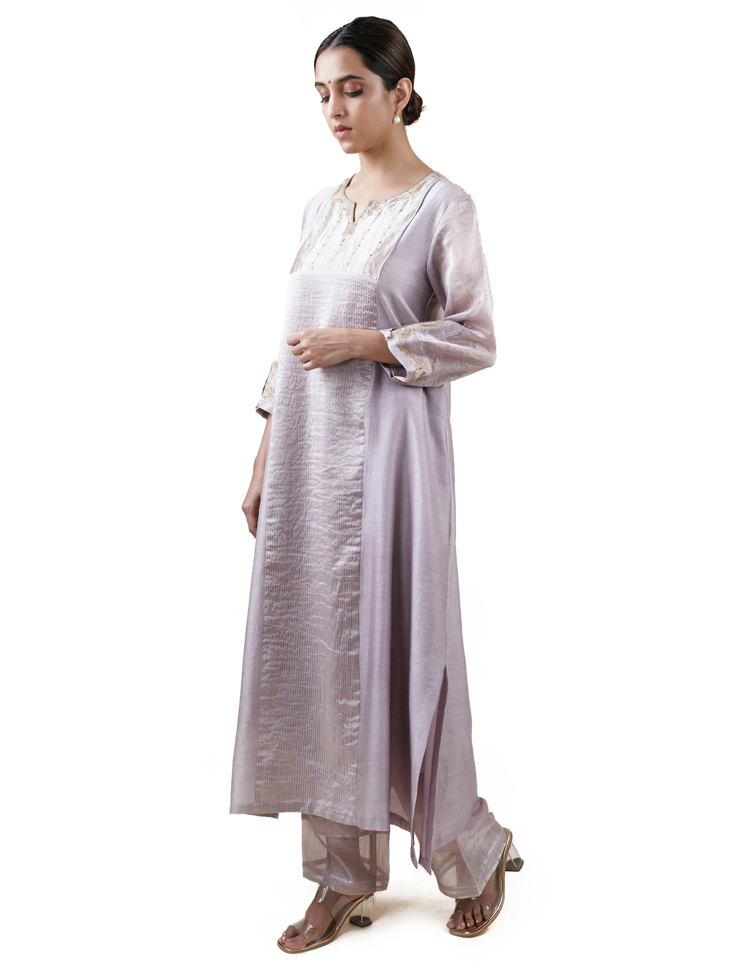 Grey Tissue Stripes/Chanderi Silk - A-line Kurta Set