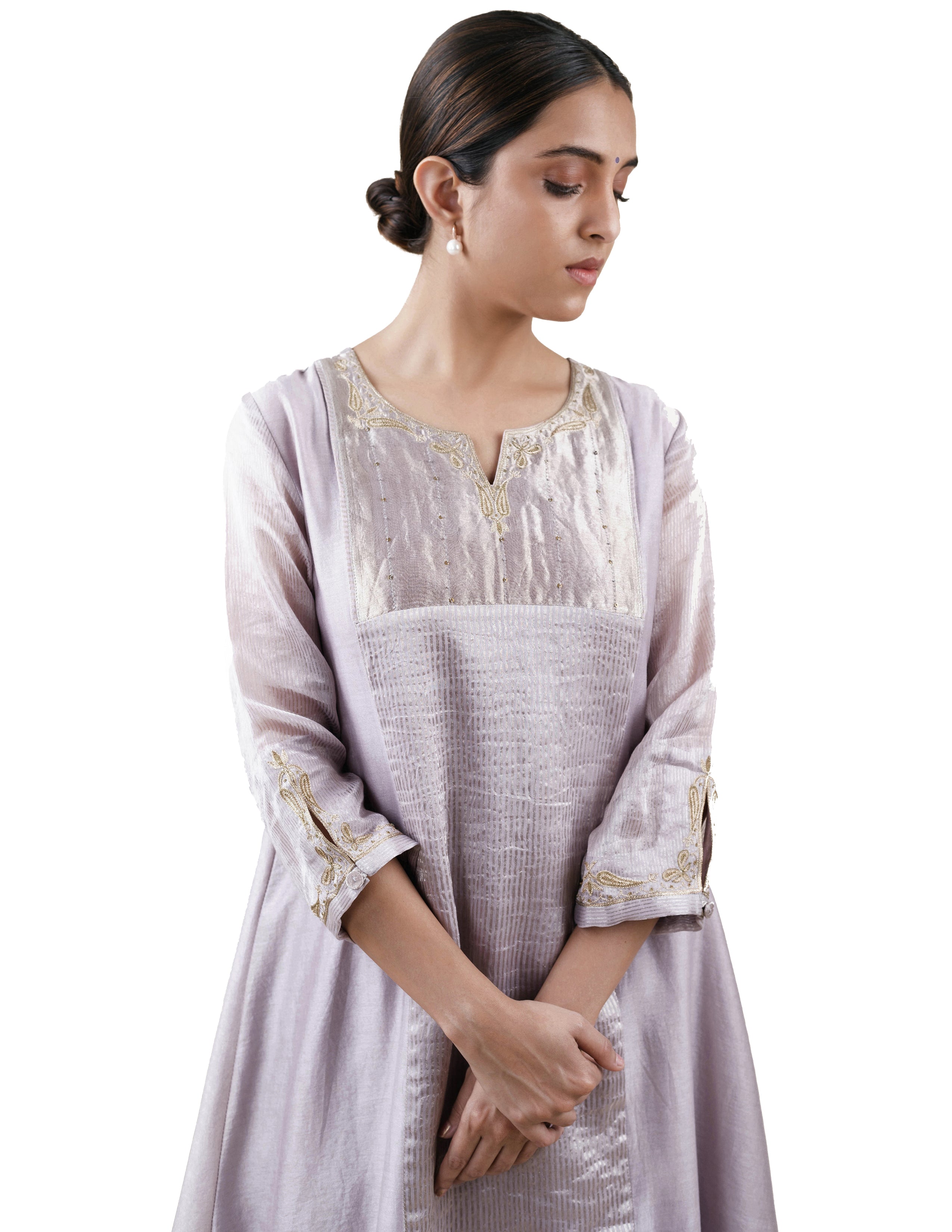 Grey Tissue Stripes/Chanderi Silk - A-line Kurta Set