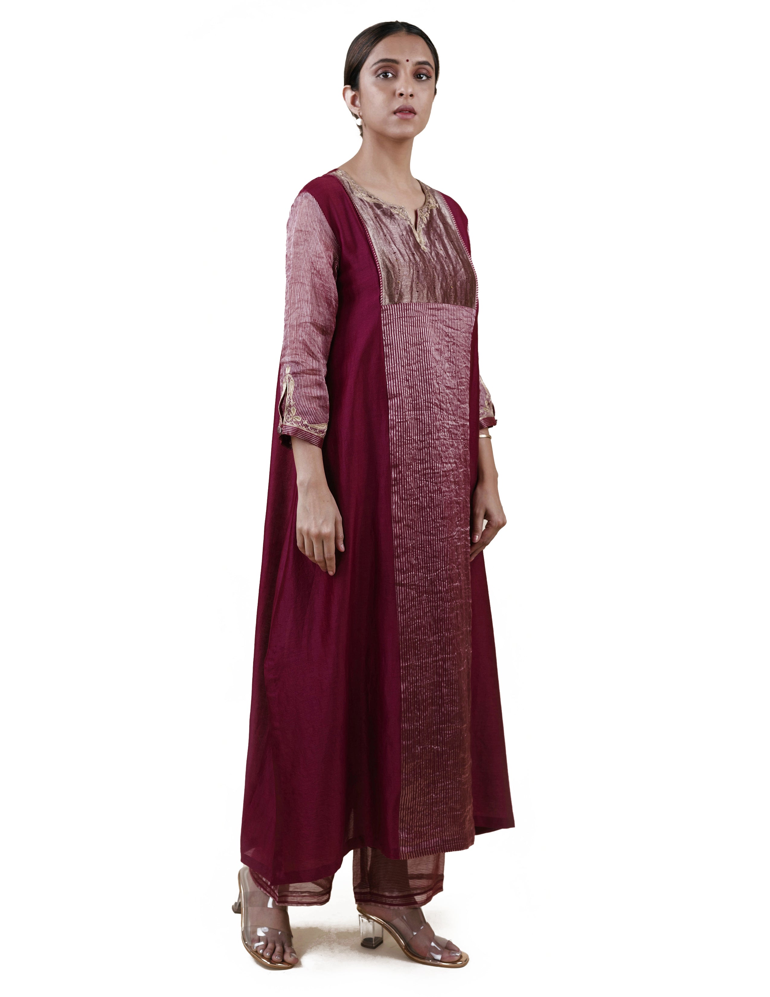 Mauve Tissue Stripes/Chanderi Silk - A-line Kurta Set