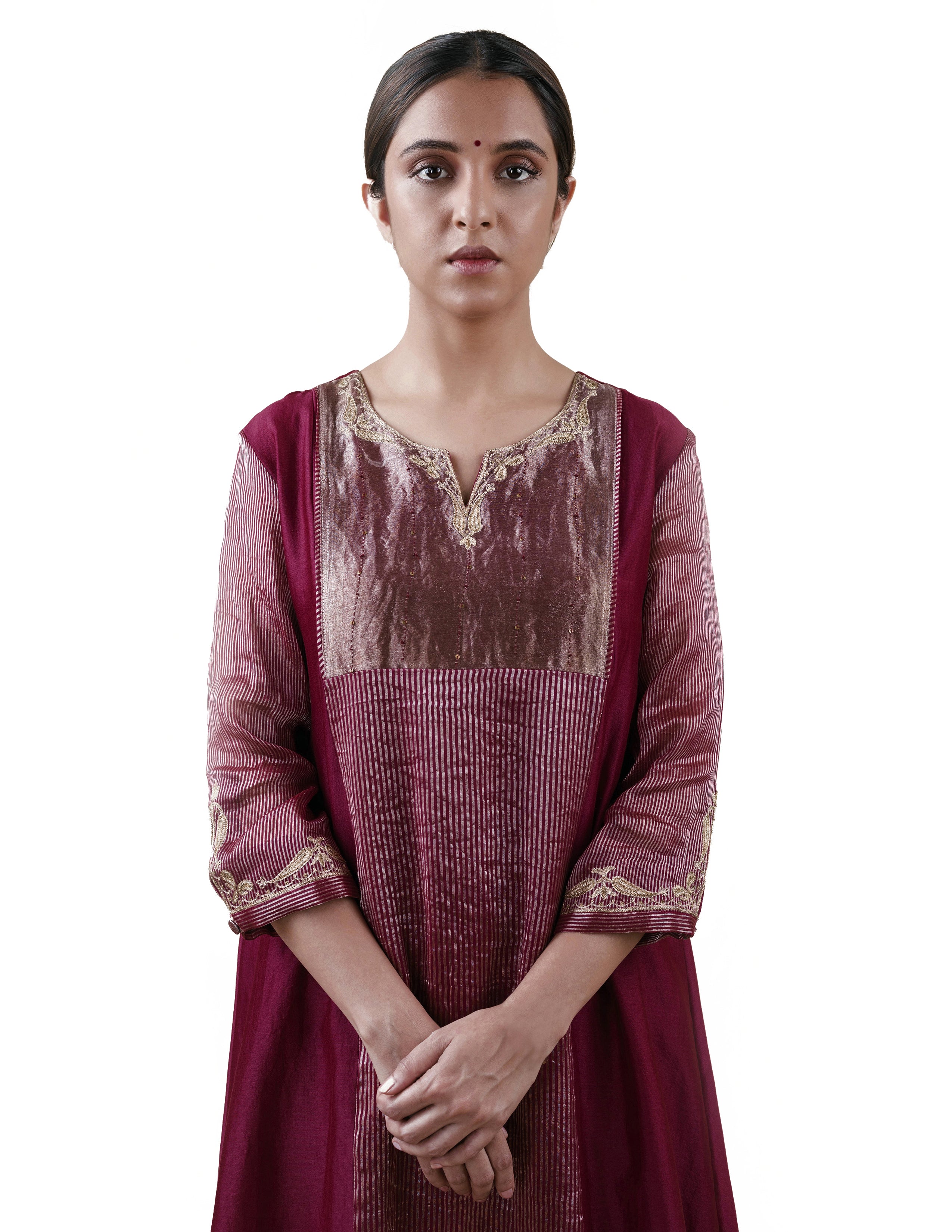 Mauve Tissue Stripes/Chanderi Silk - A-line Kurta Set