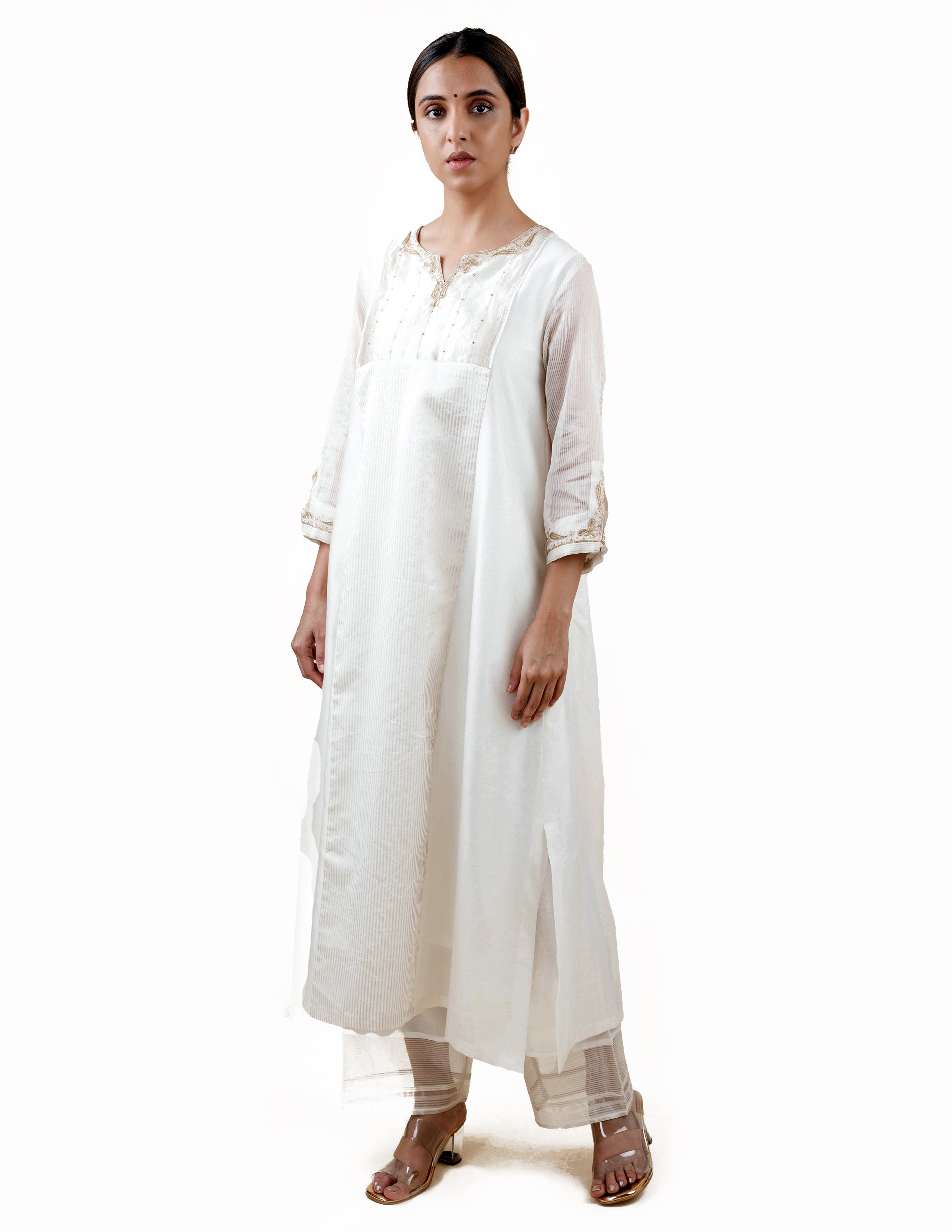Off White Tissue Stripes/Chanderi Silk - A-line Kurta Set