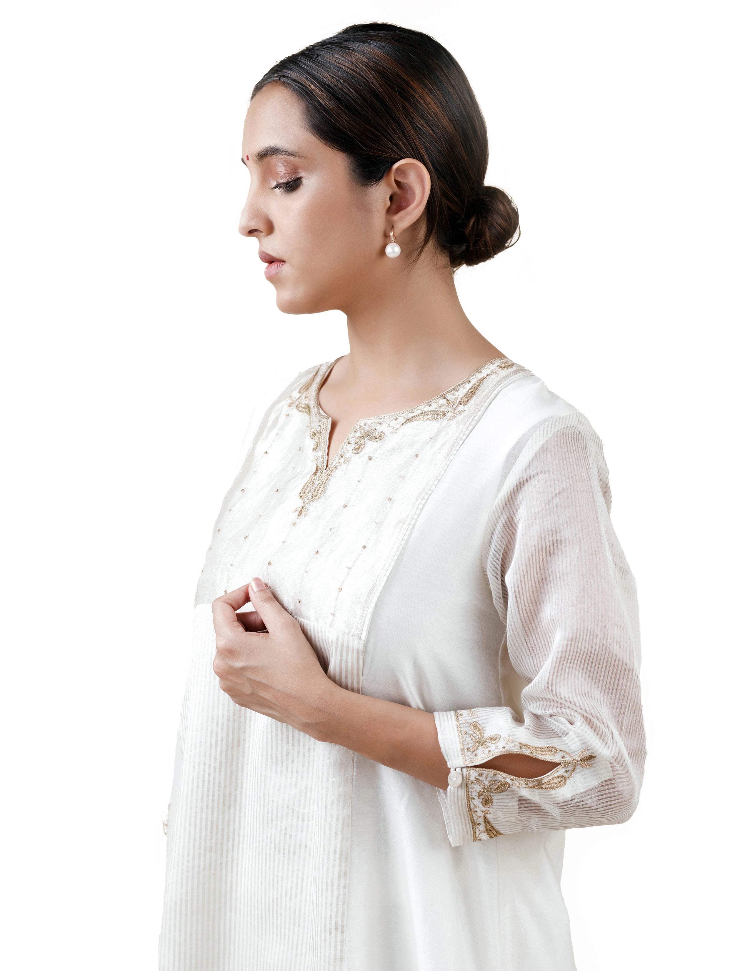 Off White Tissue Stripes/Chanderi Silk - A-line Kurta Set