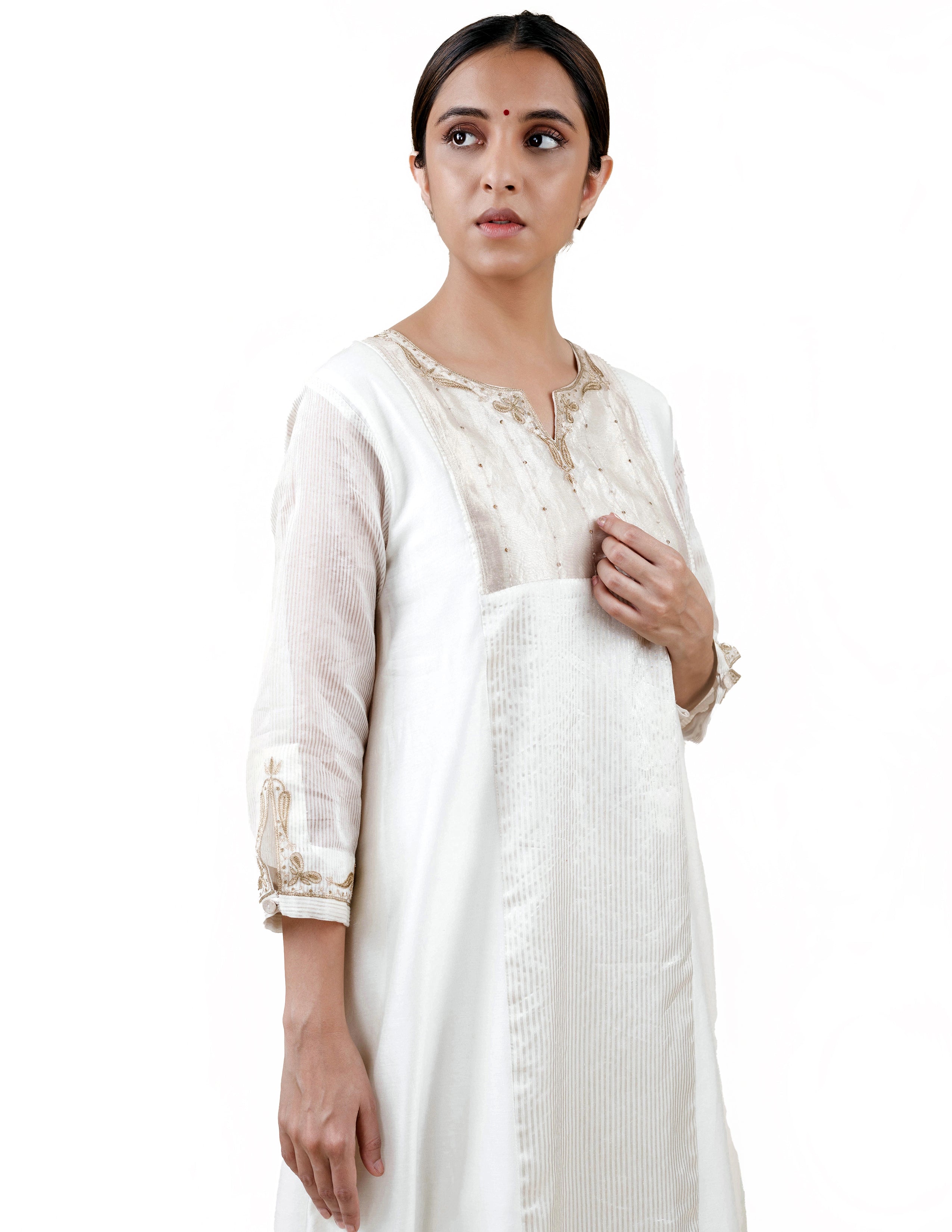 Off White Tissue Stripes/Chanderi Silk - A-line Kurta Set