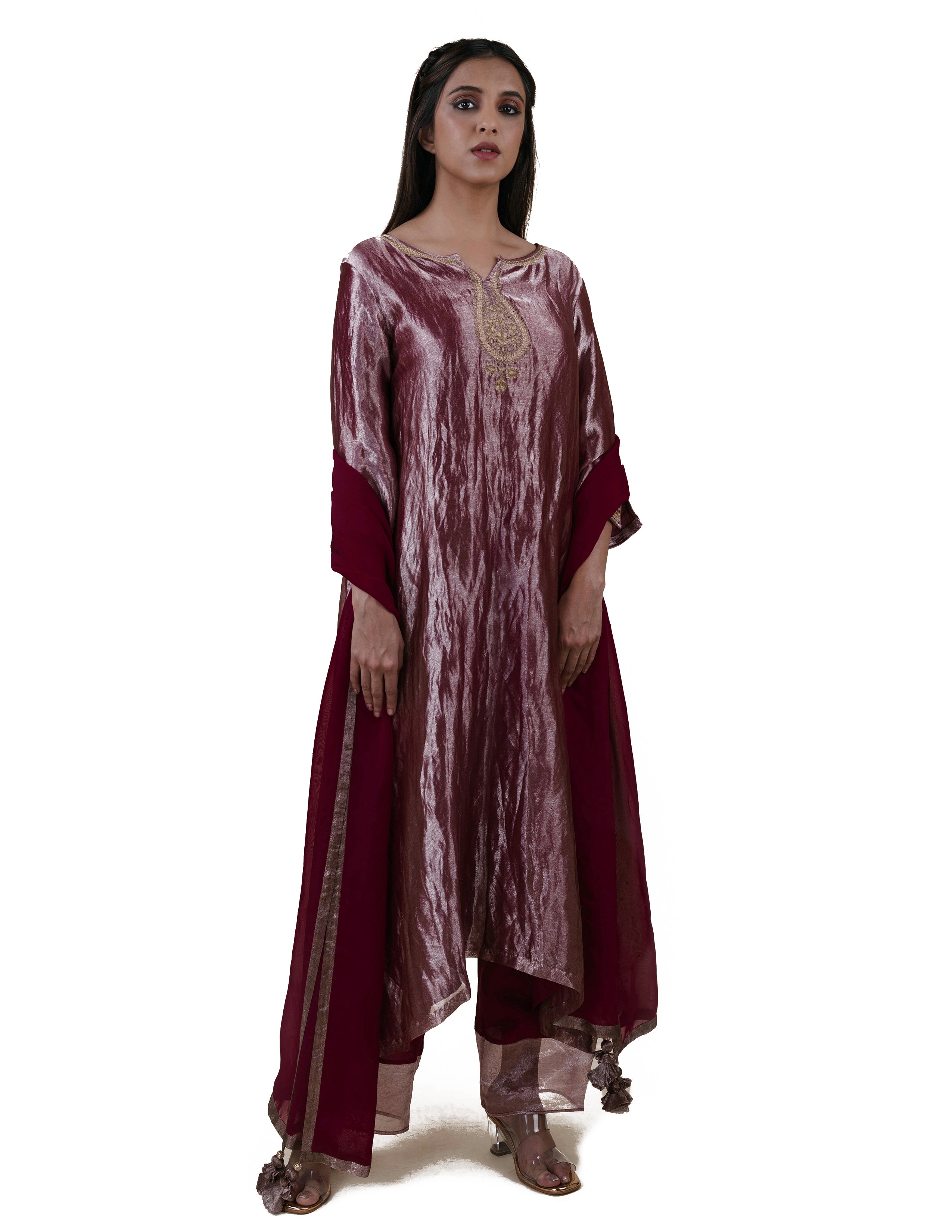 Mauve Tissue - A-line Kurta Set