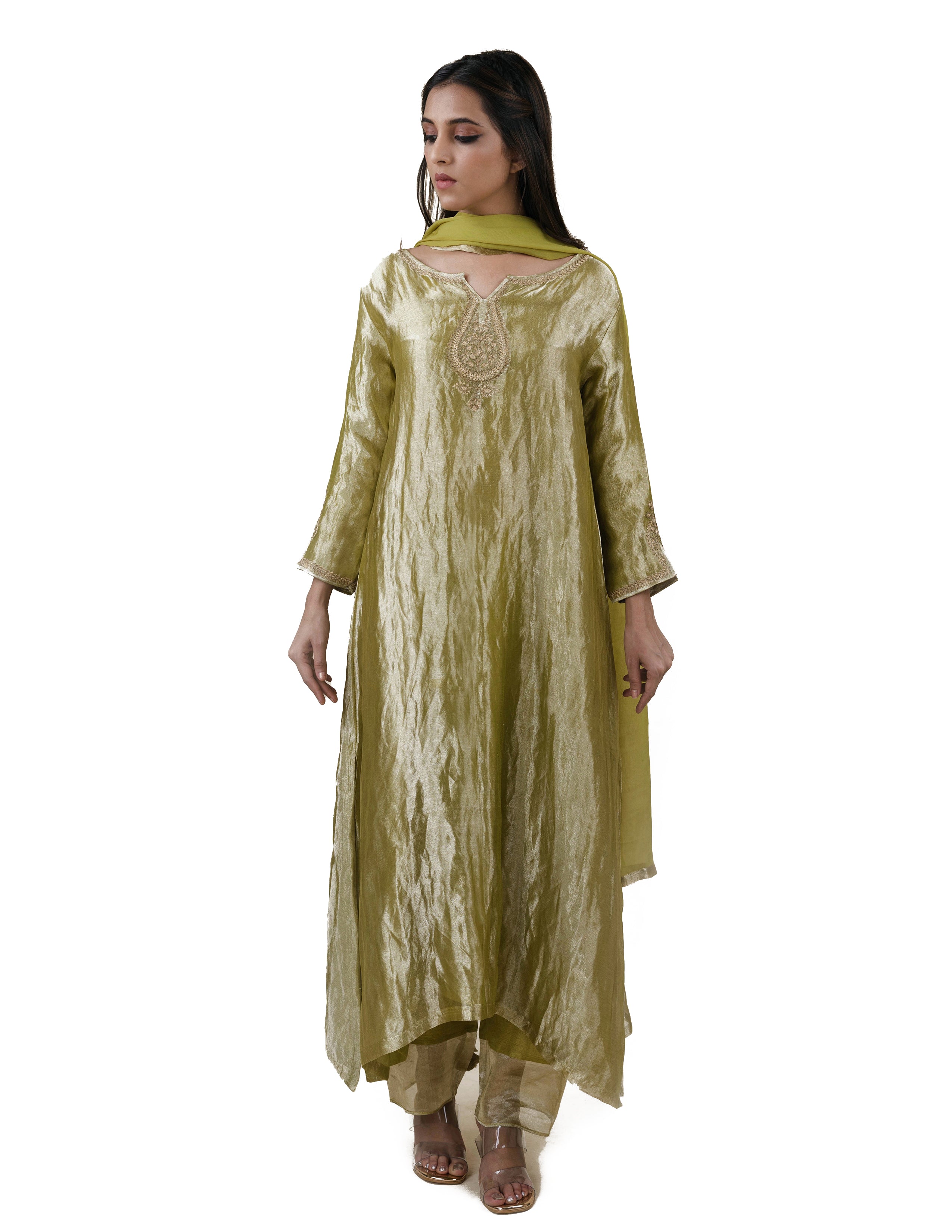 Green Tissue - A-line Kurta Set