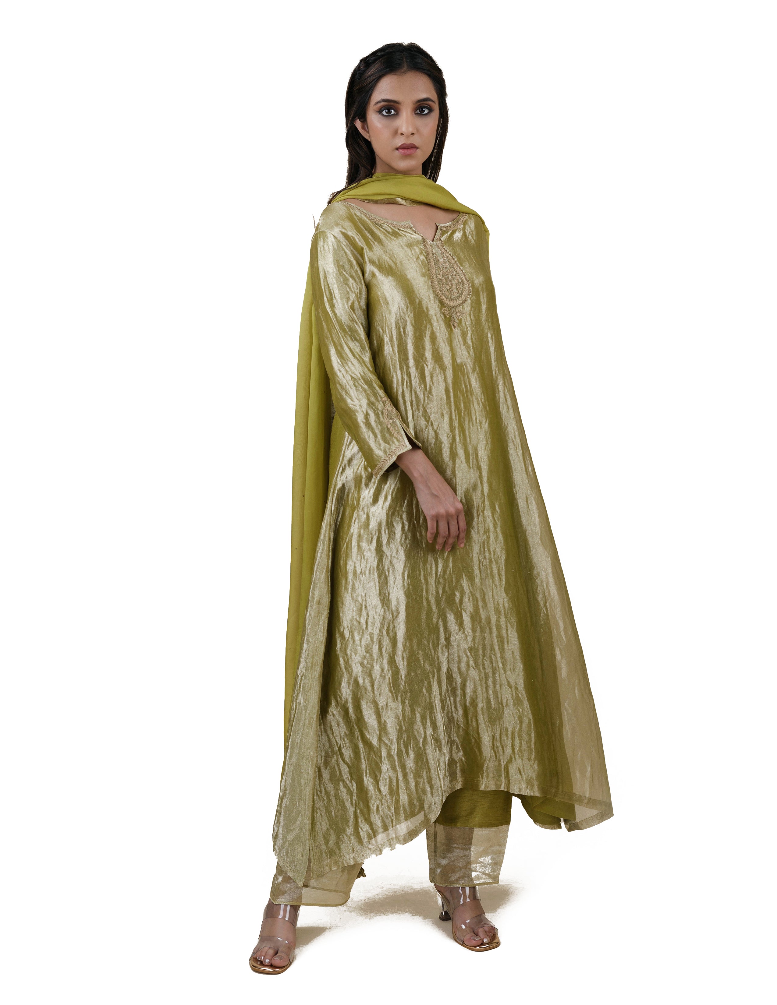Green Tissue - A-line Kurta Set