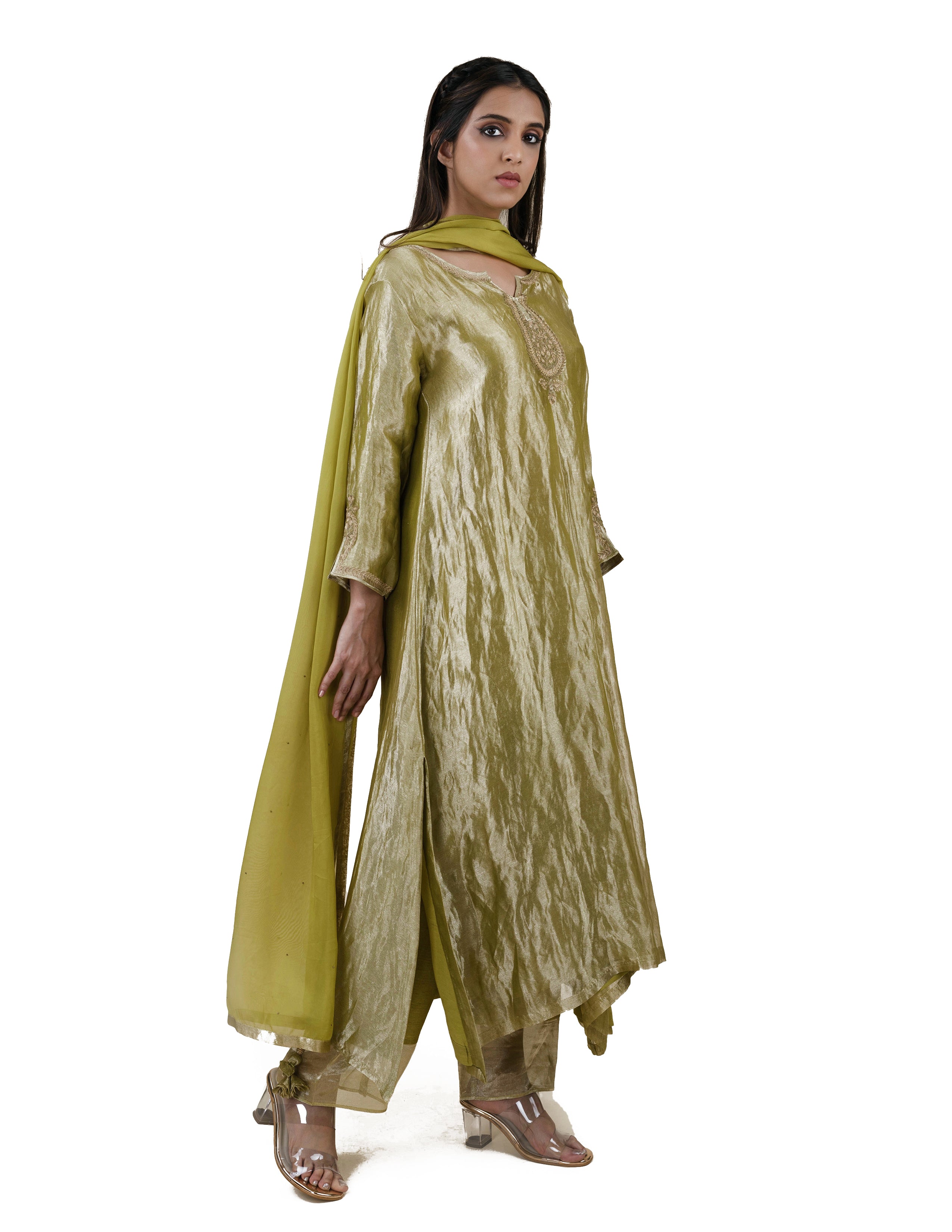 Green Tissue - A-line Kurta Set