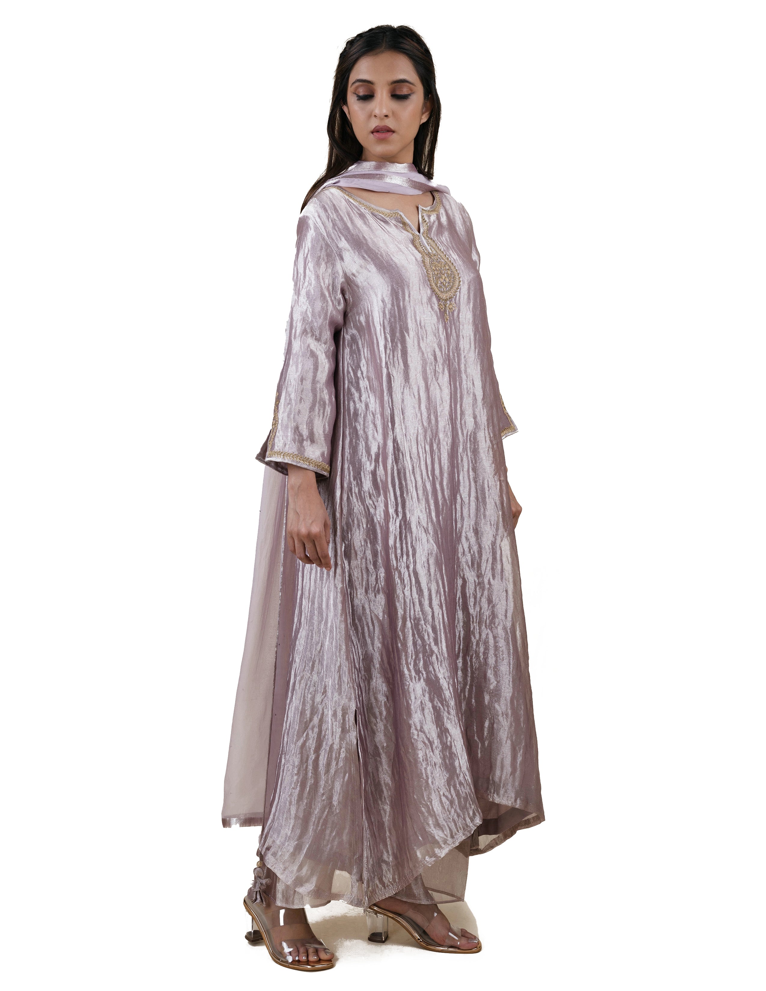 Grey Tissue - A-line Kurta Set