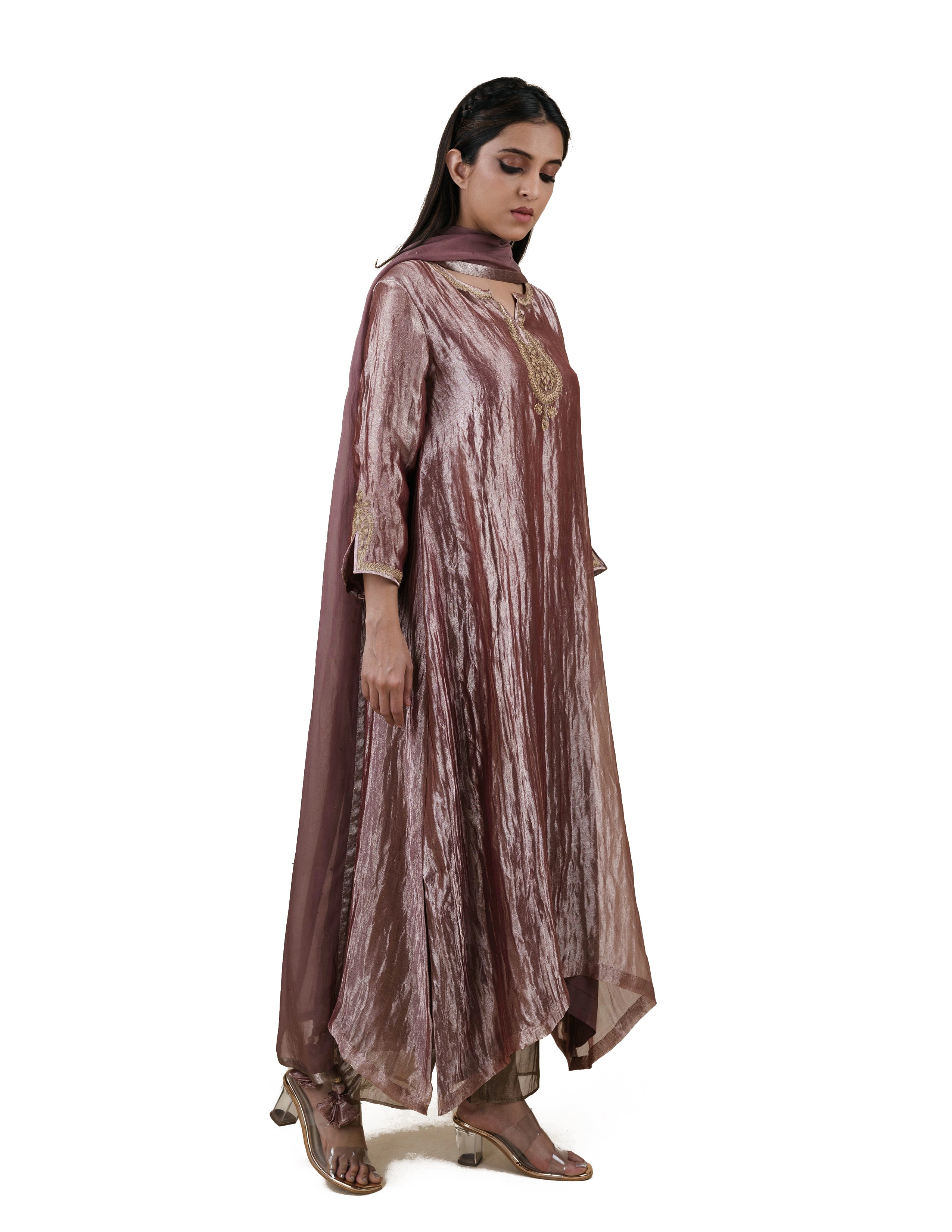 Light Brown Tissue - A-line Kurta Set
