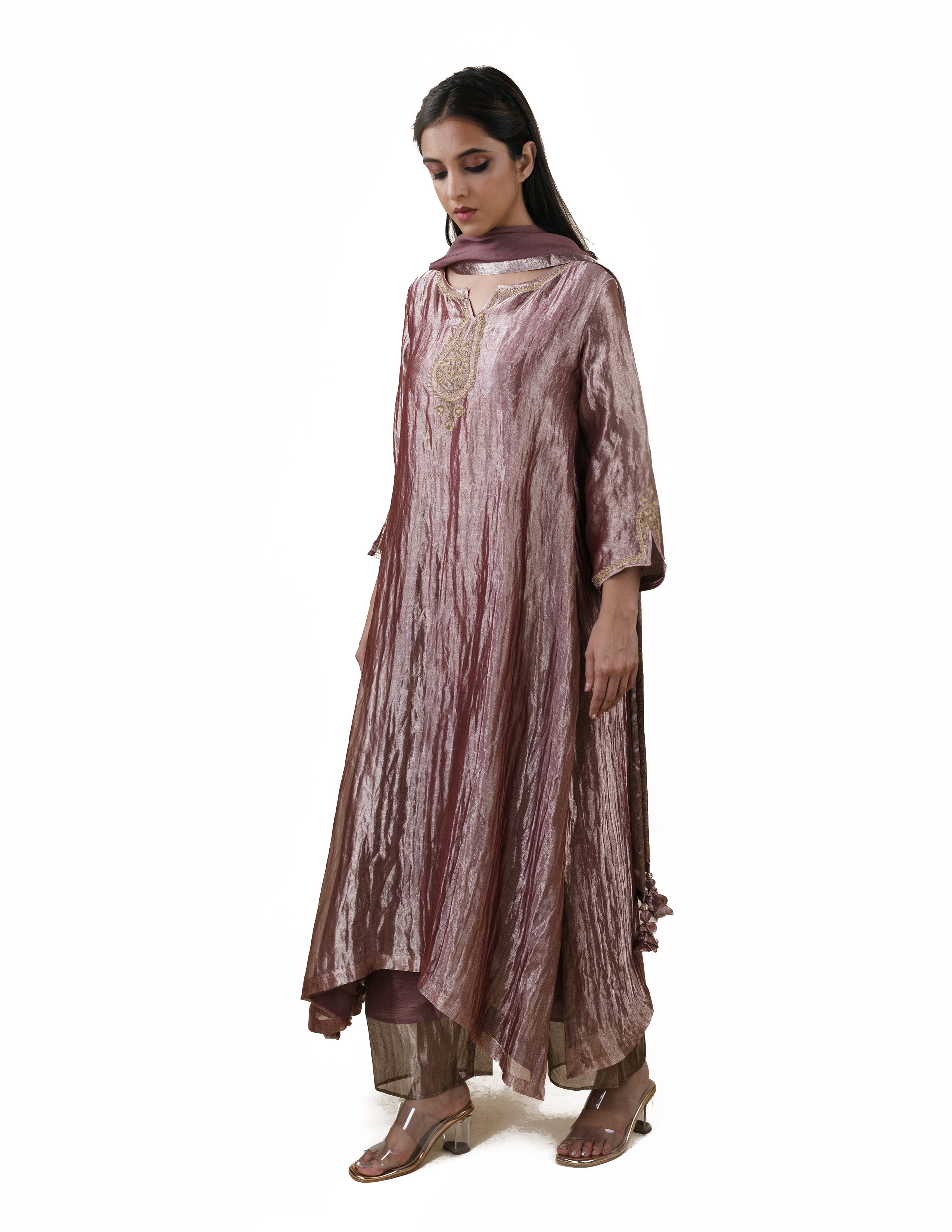 Light Brown Tissue - A-line Kurta Set