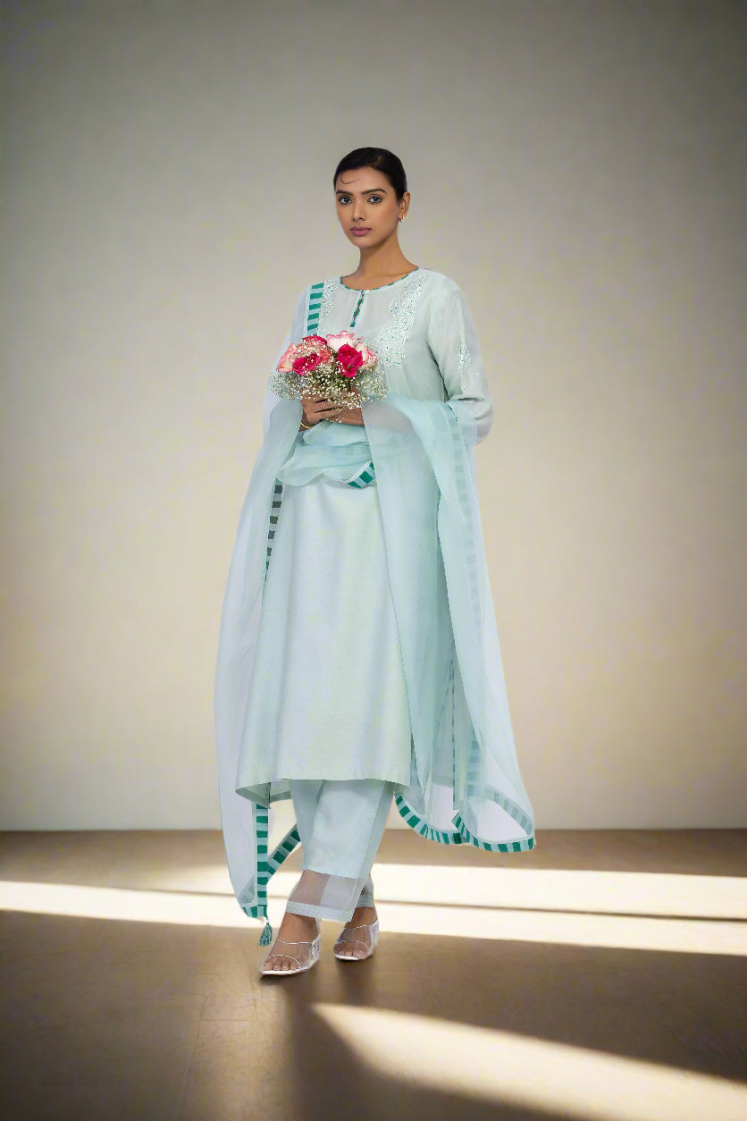 JADE GREEN - ROUND NECK - CHANDERI SILK  A-LINE KURTA SET