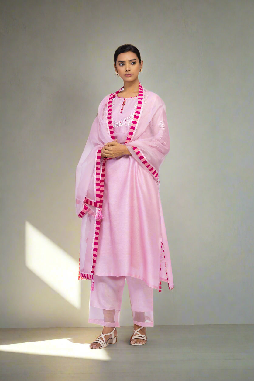 ROSE PETAL - ROUND NECK - CHANDERI SILK  A-LINE KURTA SET