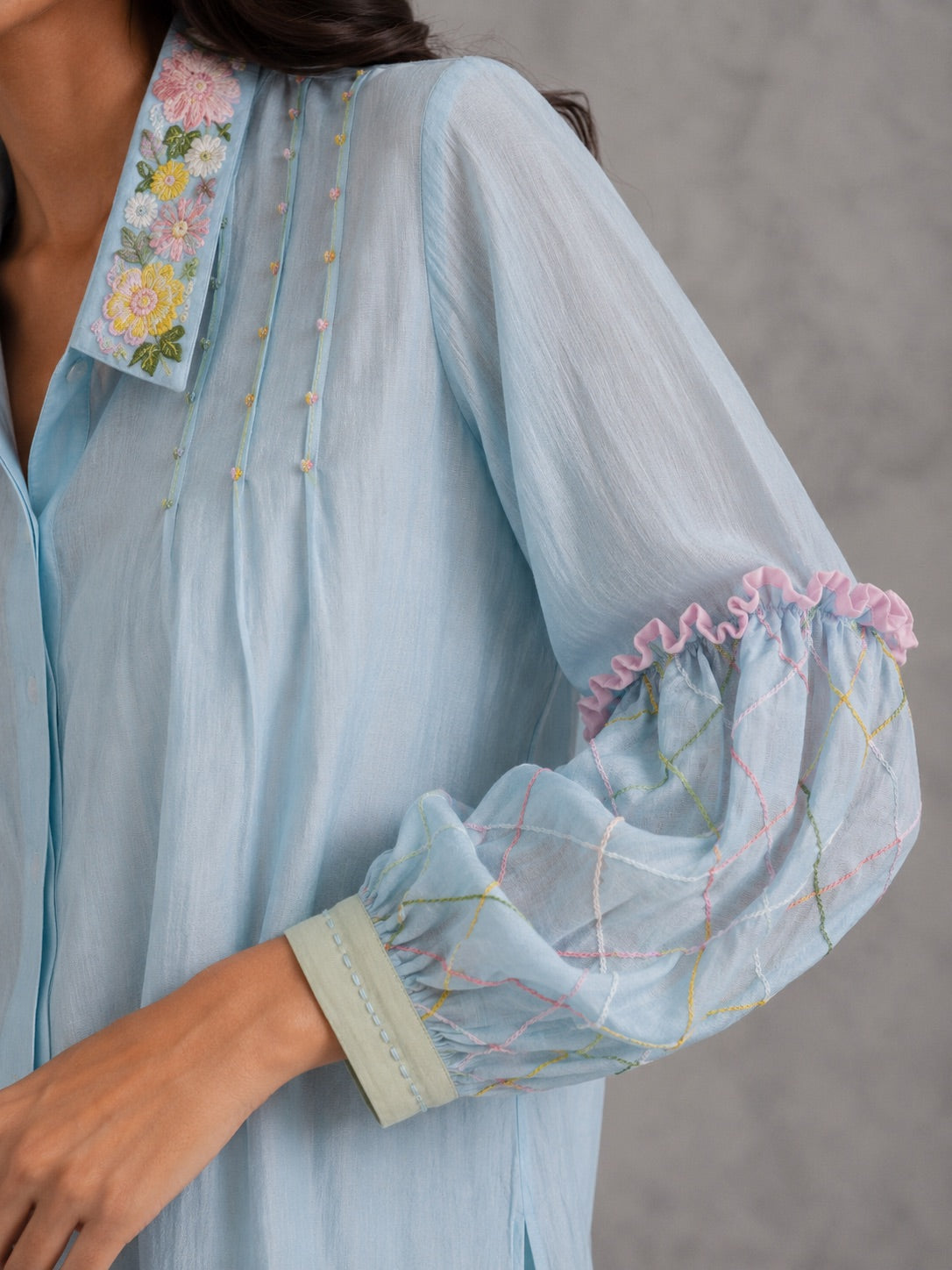 Ice Blue Embroidered Shirt & Pants Set