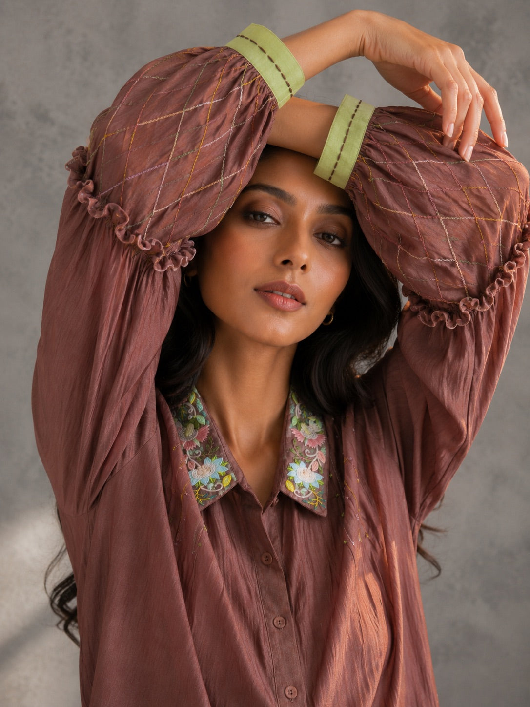 Mocha Brown Embroidered Shirt & Pants Set