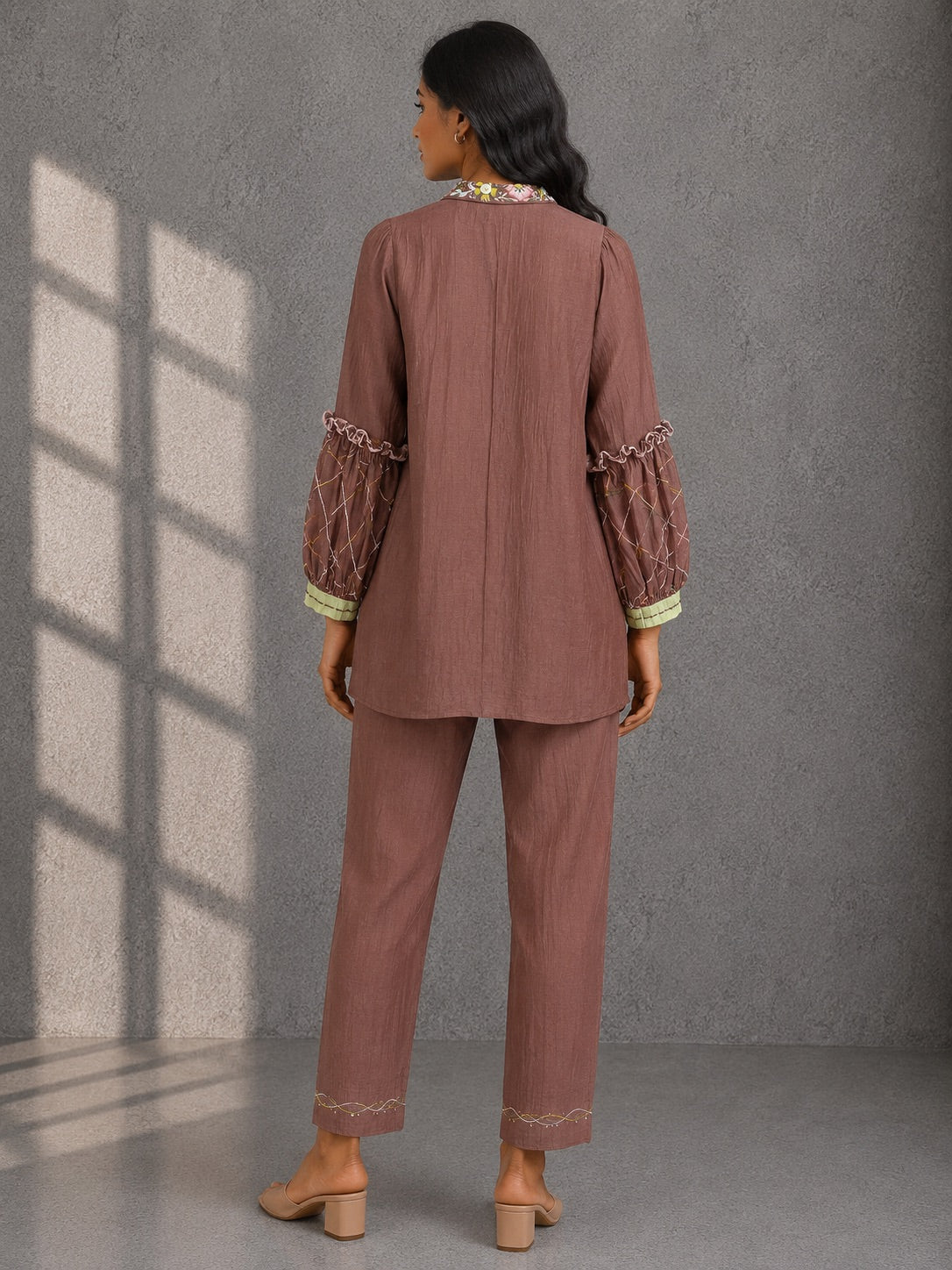 Mocha Brown Embroidered Shirt & Pants Set