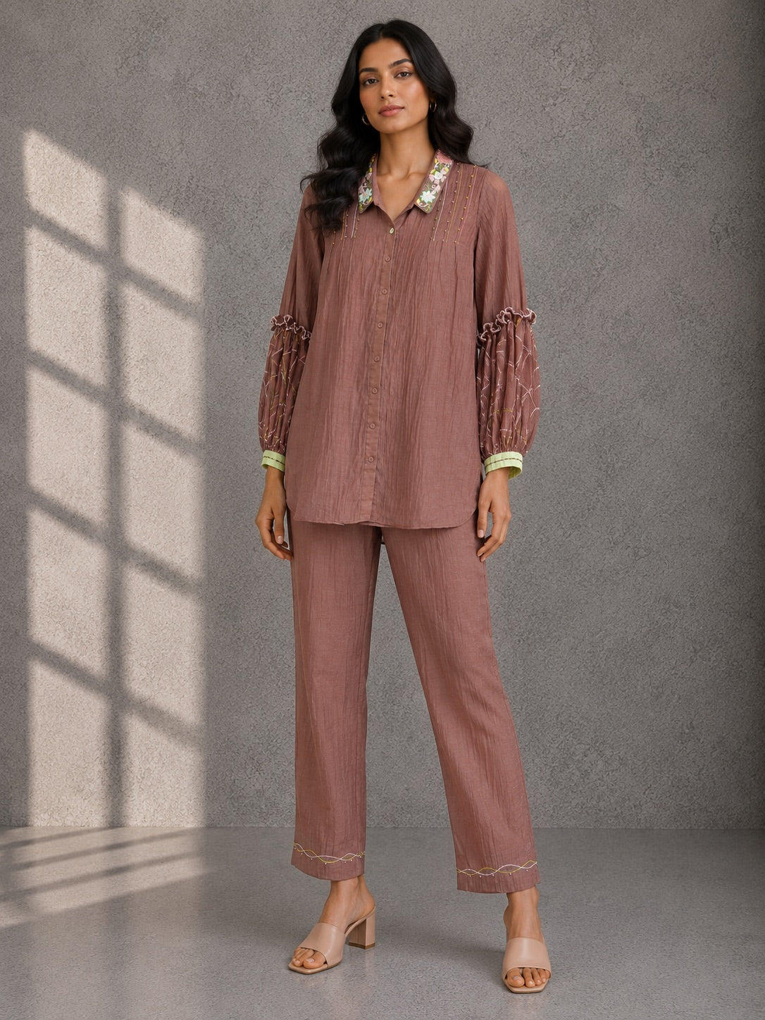 Mocha Brown Embroidered Shirt & Pants Set