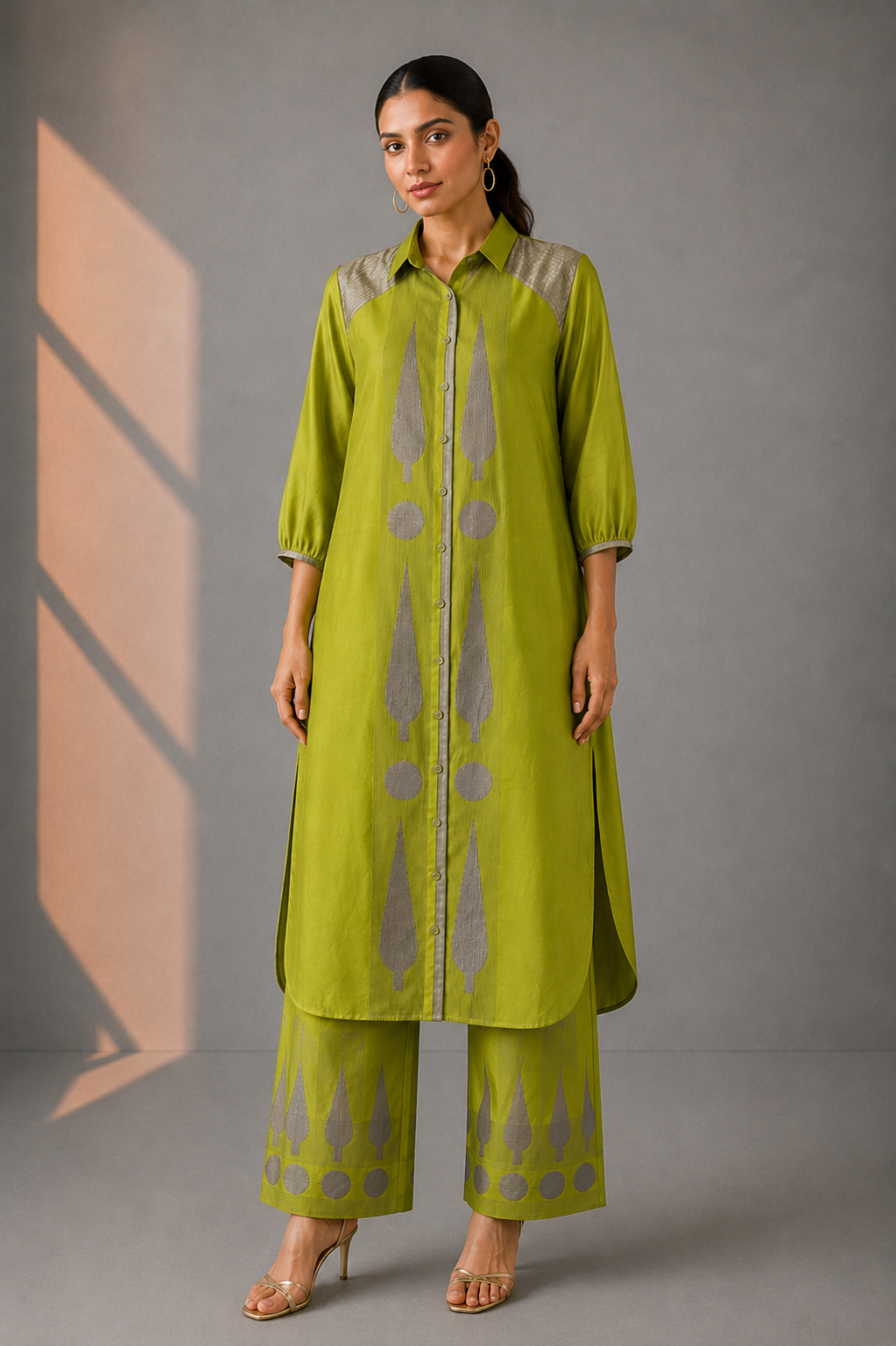 Collared Long Shirt / Shirt Dress & Pants - Green