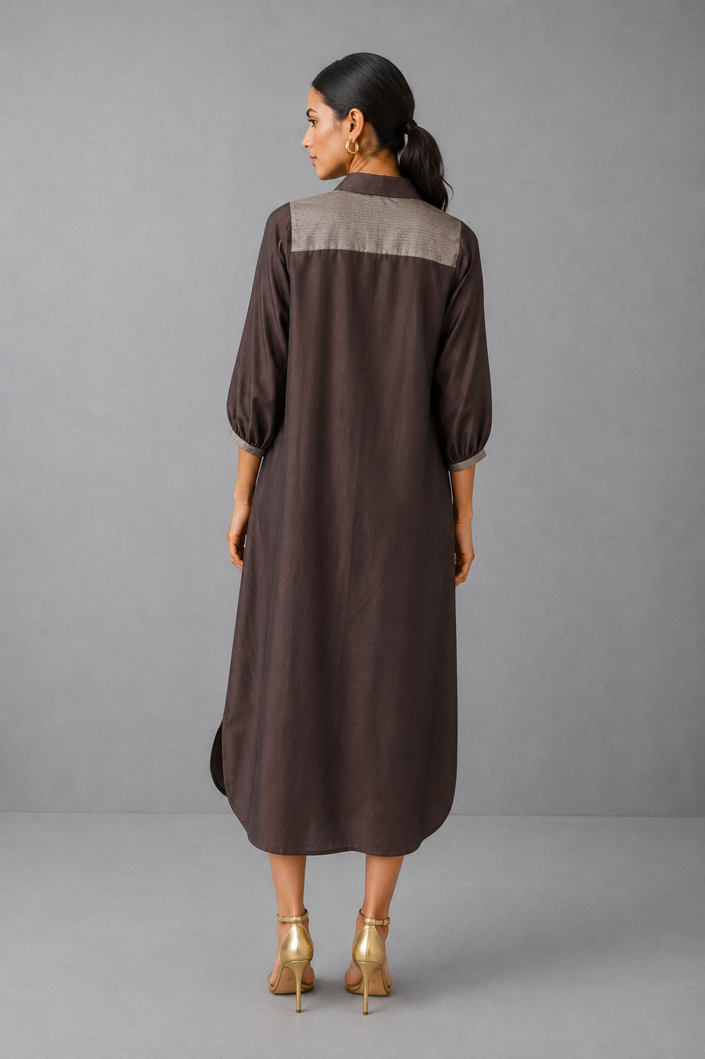 Collared Long Shirt / Shirt Dress - Brown