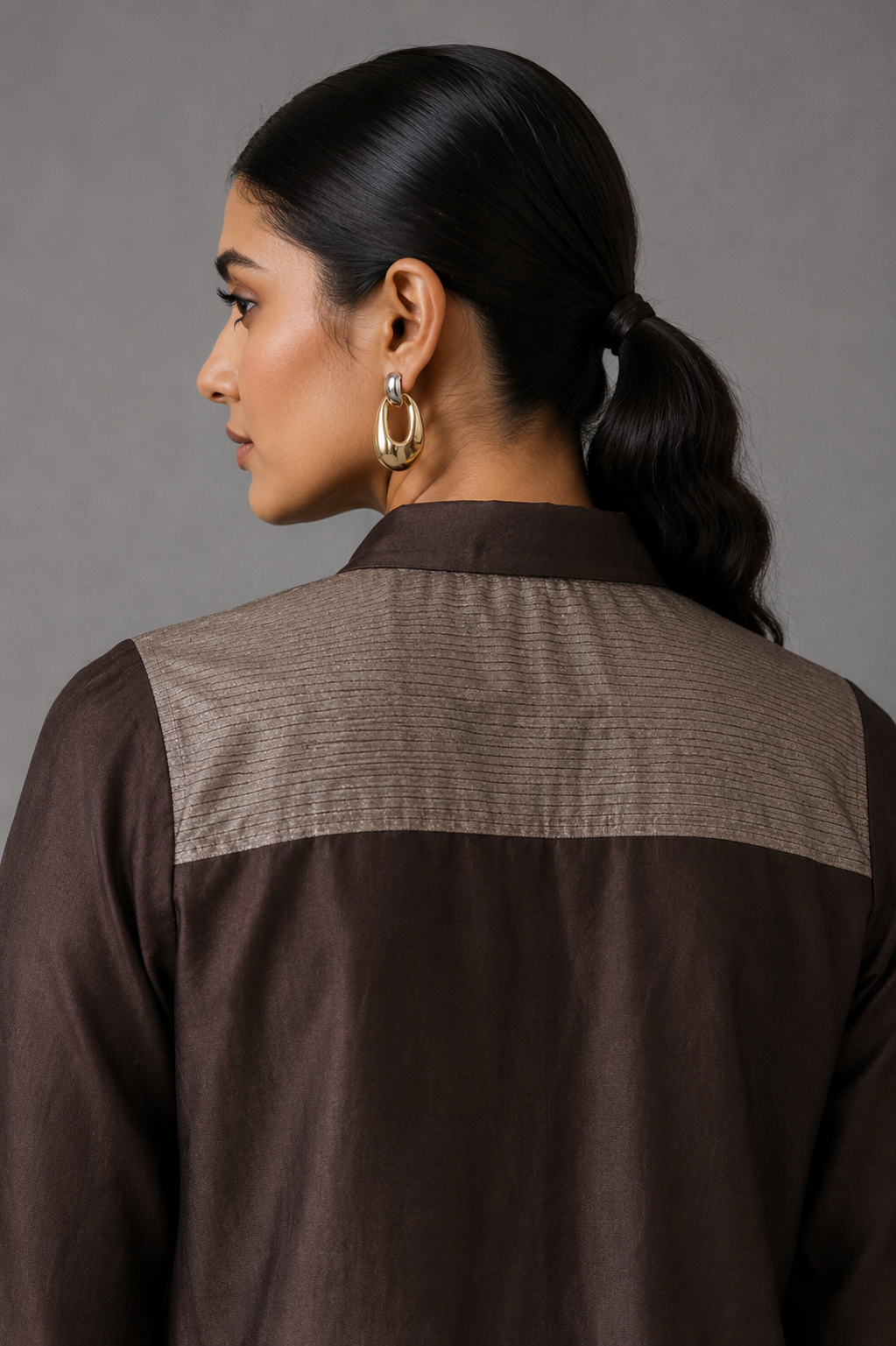 Collared Long Shirt / Shirt Dress & Pants - Brown