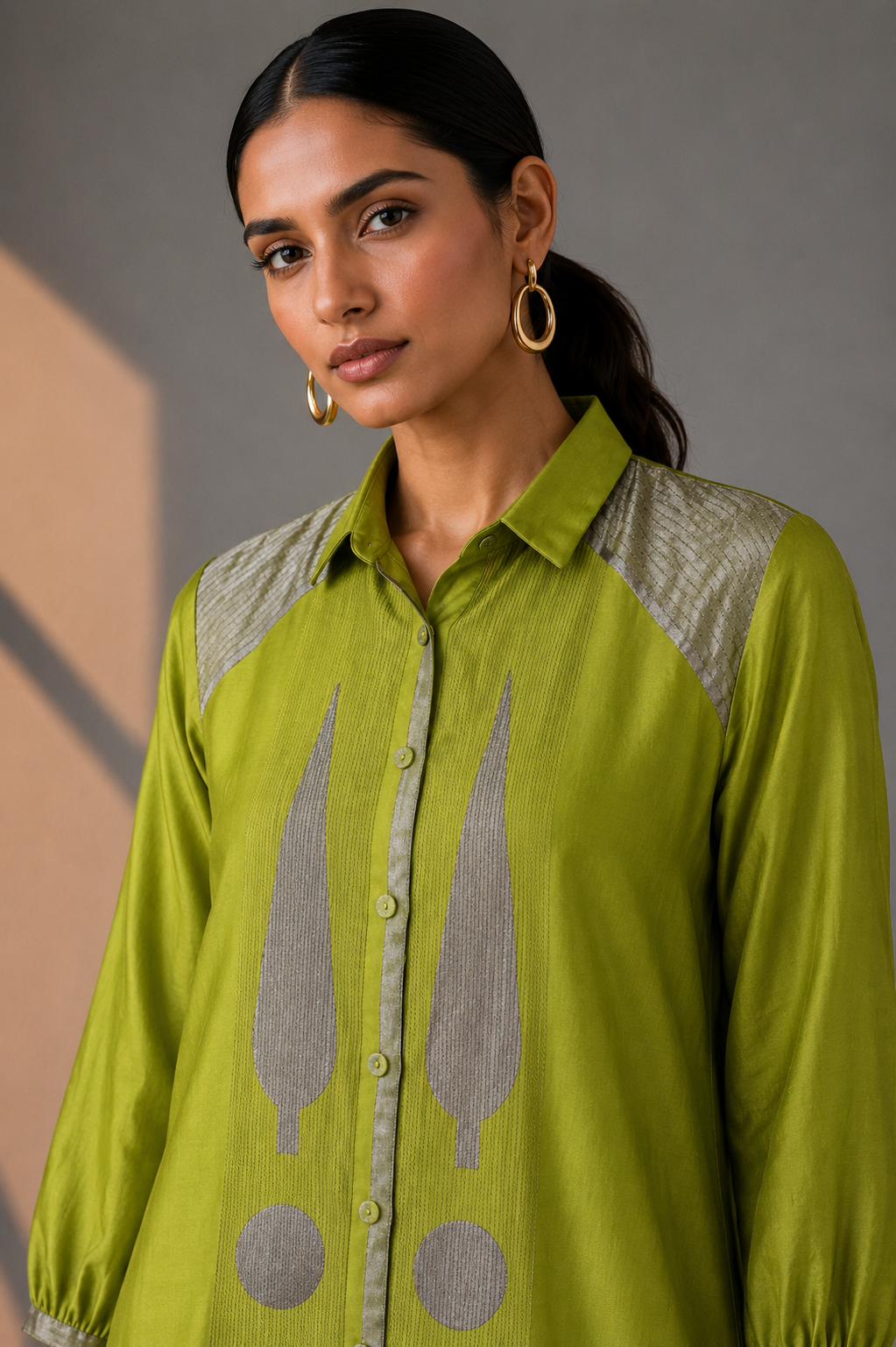 Collared Long Shirt / Shirt Dress & Pants - Green