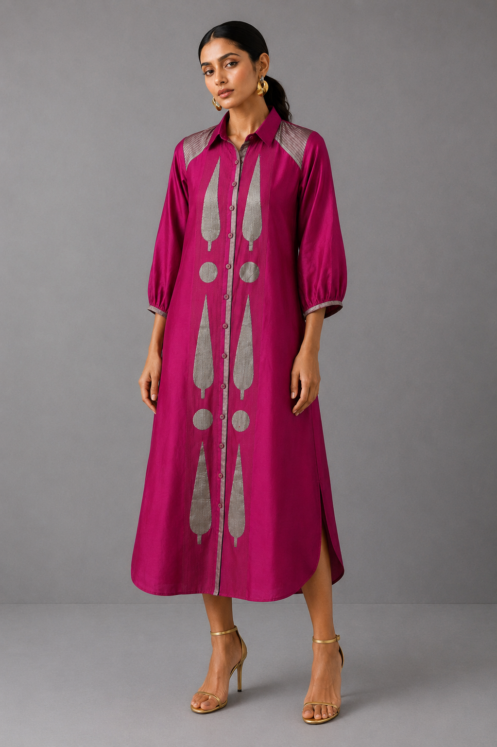 Collared Long Shirt / Shirt Dress - Fuchsia