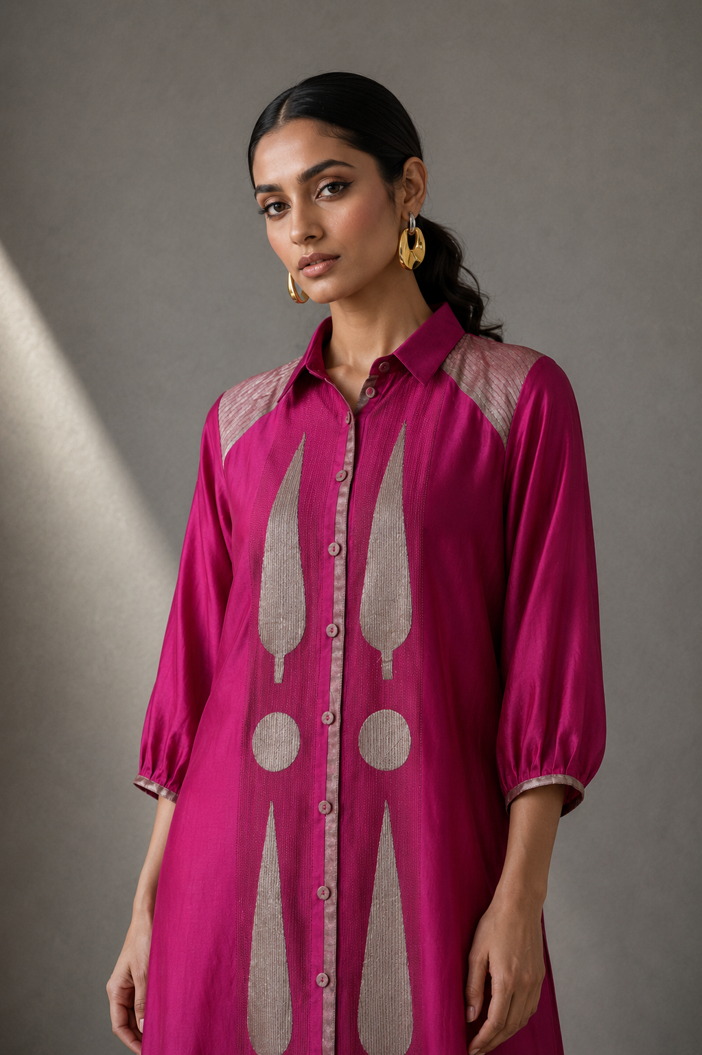 Collared Long Shirt / Shirt Dress - Fuchsia