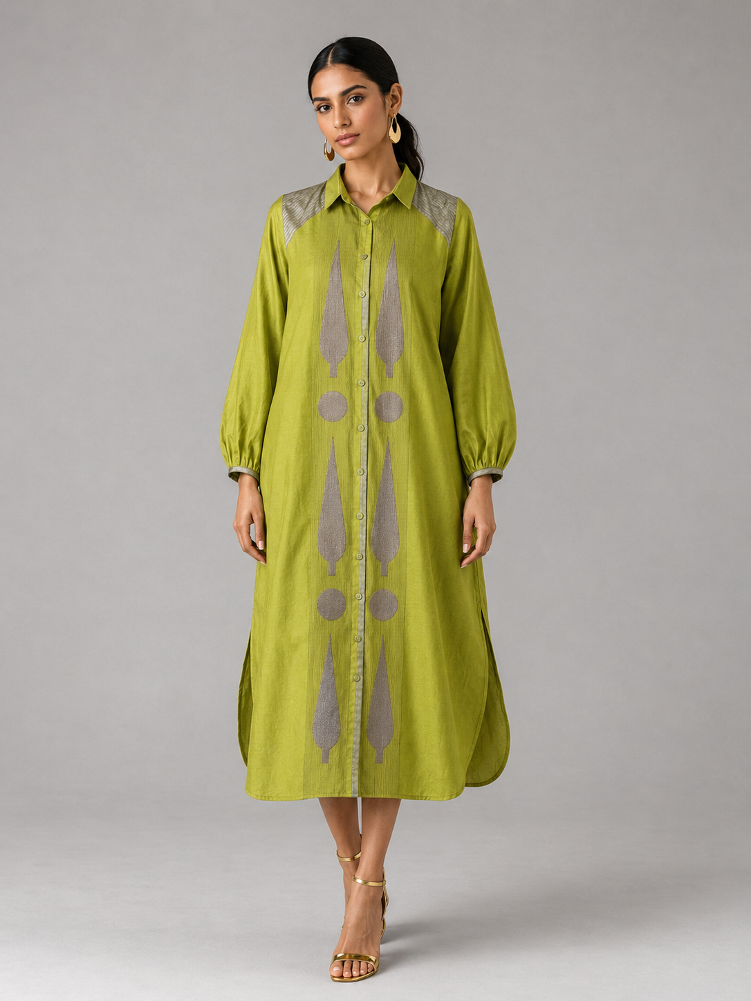 Collared Long Shirt / Shirt Dress - Green