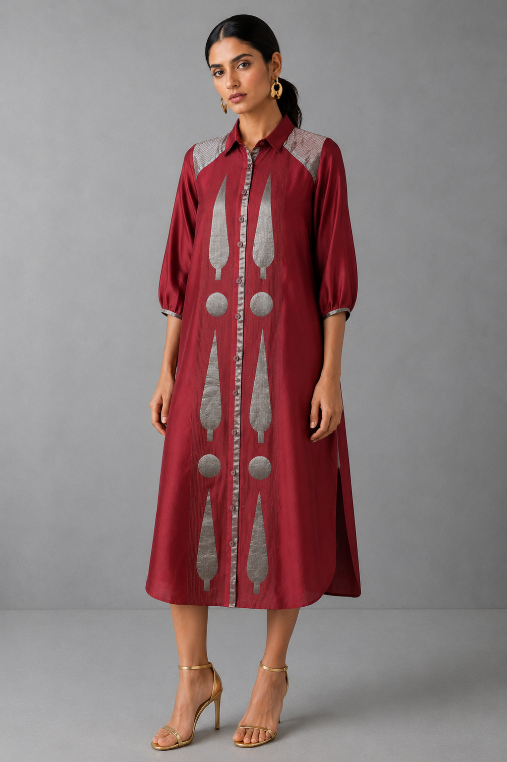 Collared Long Shirt / Shirt Dress - Red